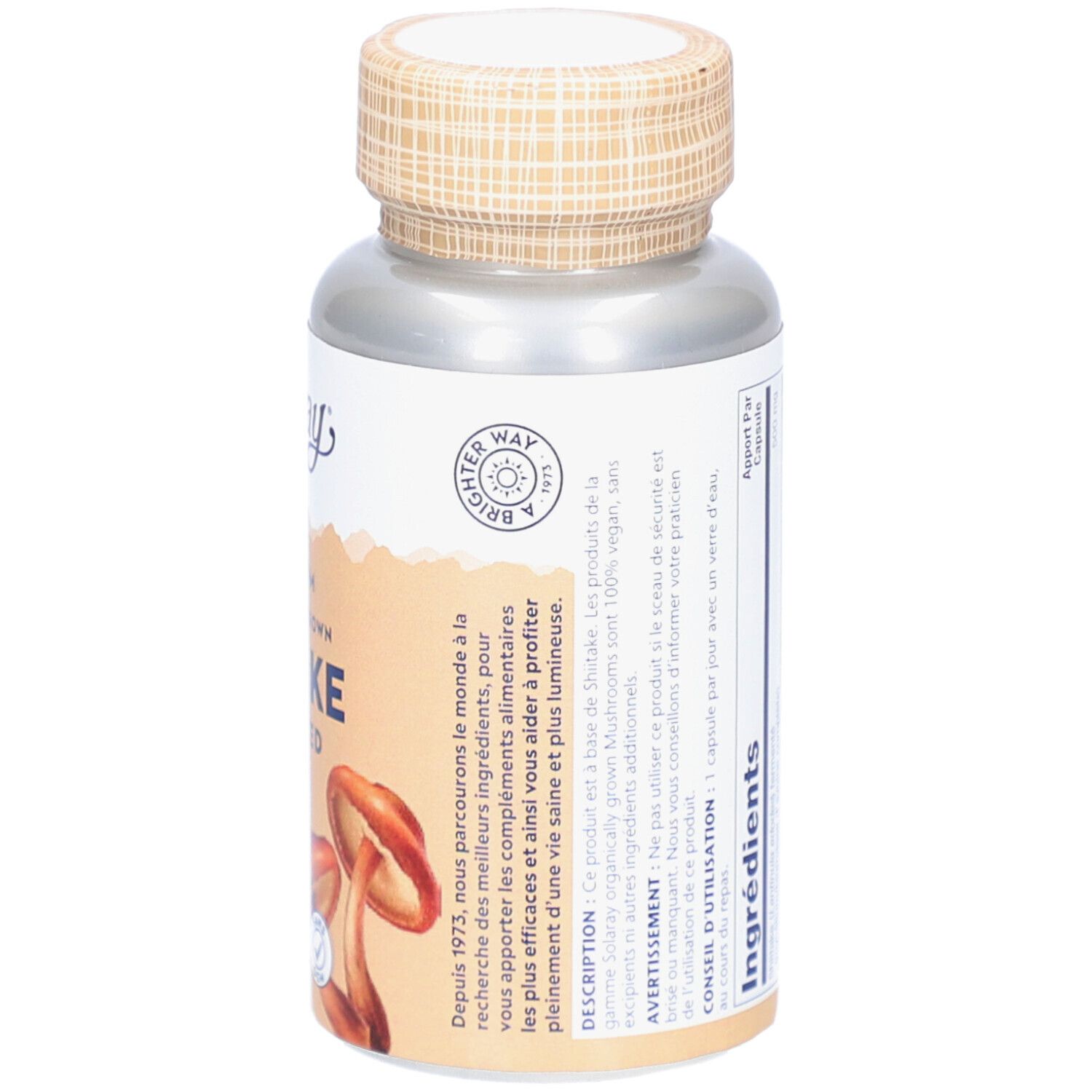 Dos du flacon. Inscription: Shiitake, 60 gélules végétales. Informations fabricant et texte.
