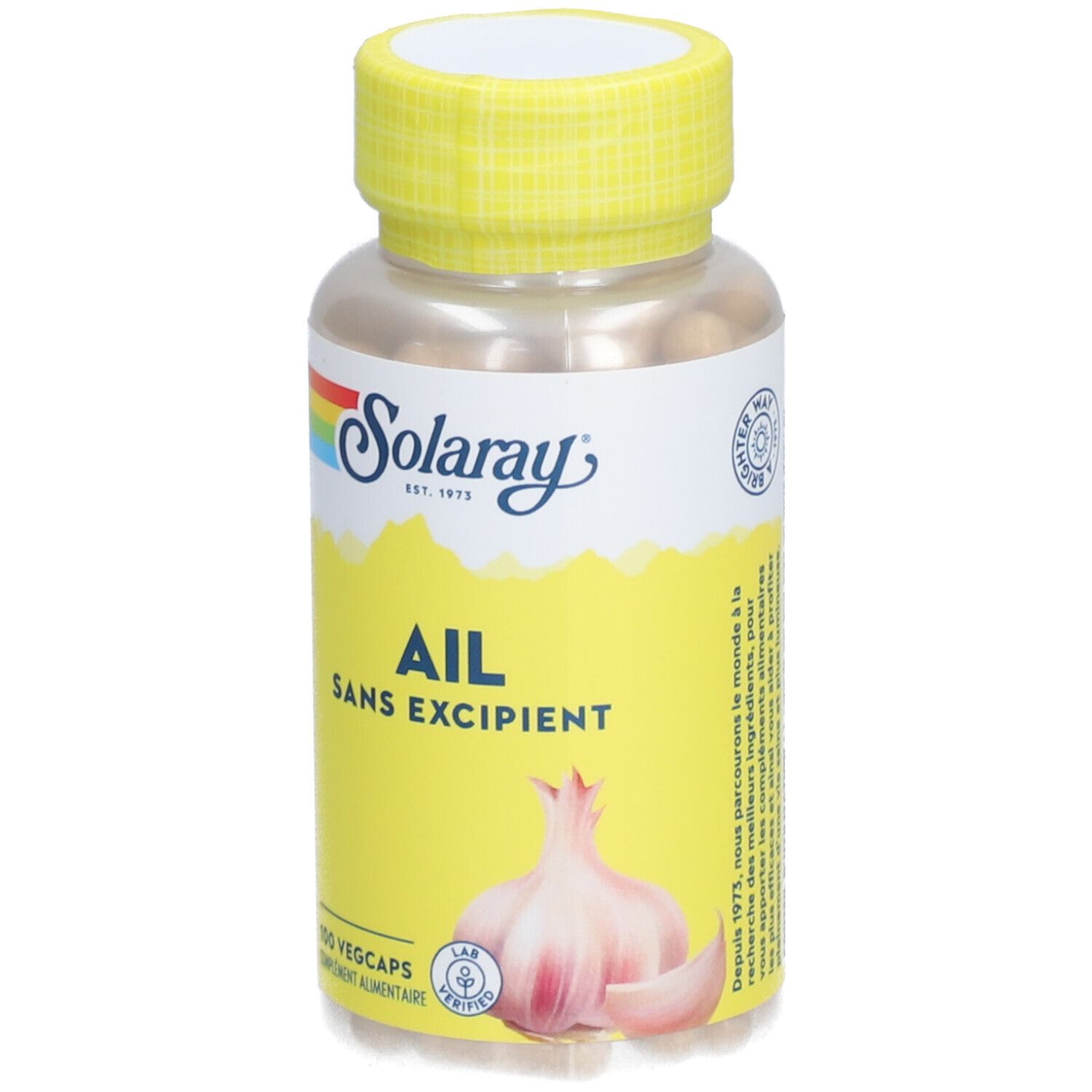 Flacon jaune avec capsules. Inscription: SOLARAY, AIL, SANS EXCIPIENT. Illustration d'une gousse d'ail. 100 Vegcaps.