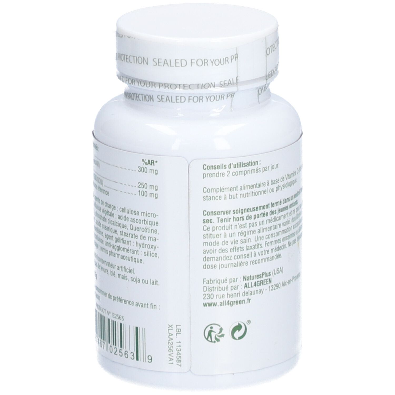 Dos du flacon blanc. Liste des ingrédients, informations nutritionnelles, informations fabricant et numéro de lot.