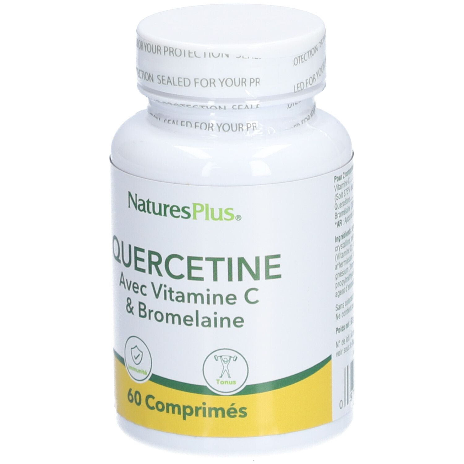 Flacon blanc NATURE'S PLUS QUERCETINE avec Vitamine C & Bromélaïne. 60 comprimés. Sceau sur le couvercle.