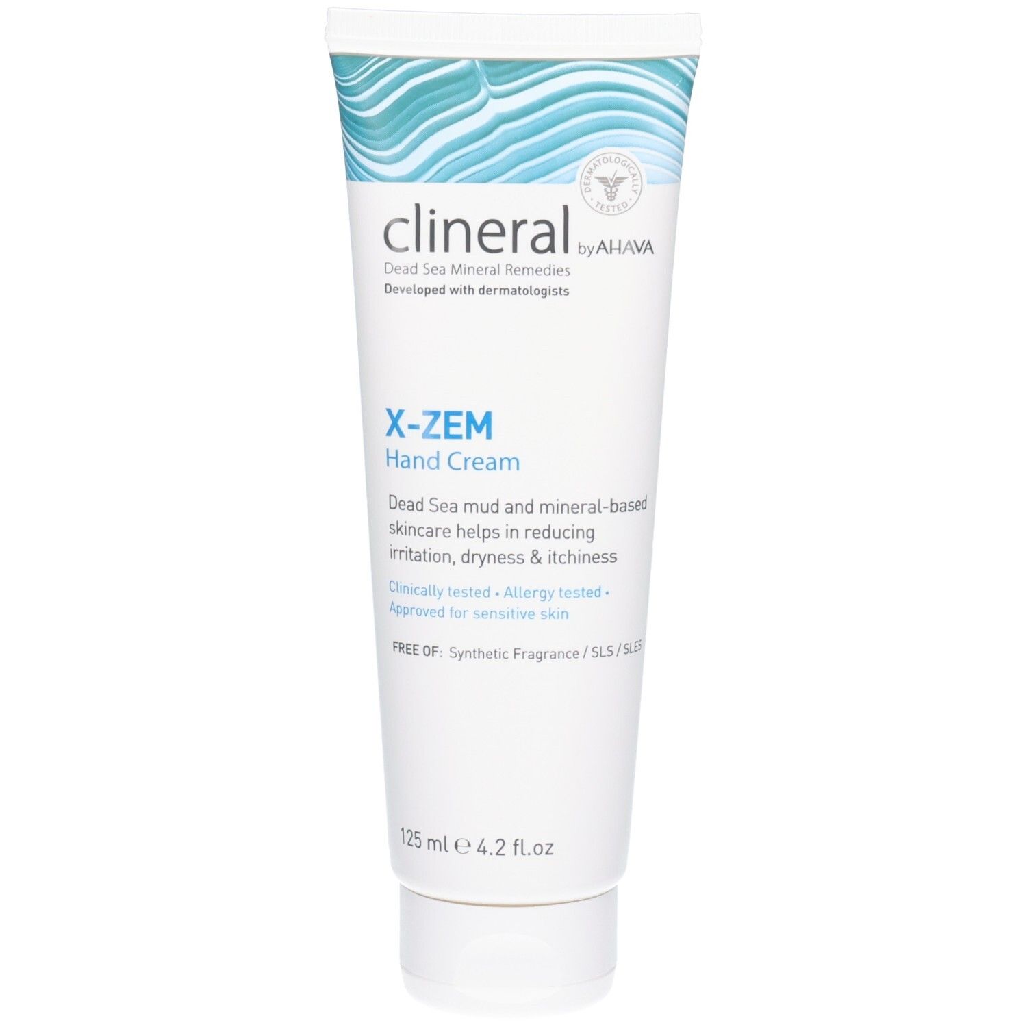 Creme-Tube mit Clineral X-ZEM Hand Cream. Weiß, mit blauer Wellen-Grafik. Text: X-ZEM, Hand Cream, Dead Sea Mineral Remedies.