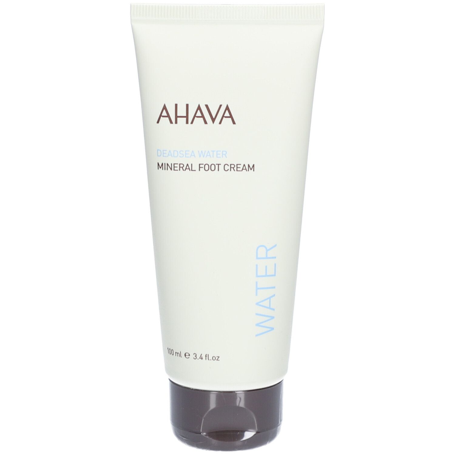 AHAVA Crème Pieds Minérale. Weiße Tube mit braunem Deckel. Schriftzug AHAVA und Produktbezeichnung. Blaue Schrift WATER.