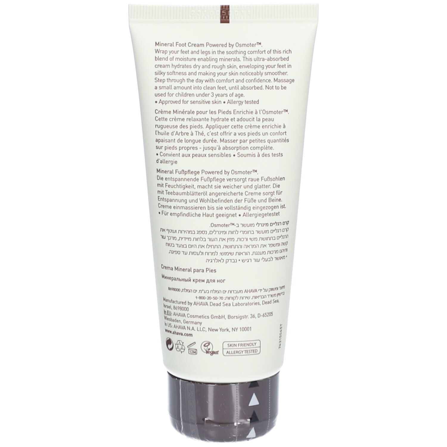 Rückseite der AHAVA Crème Pieds Minérale Tube. Text in mehreren Sprachen. Brauner Deckel.
