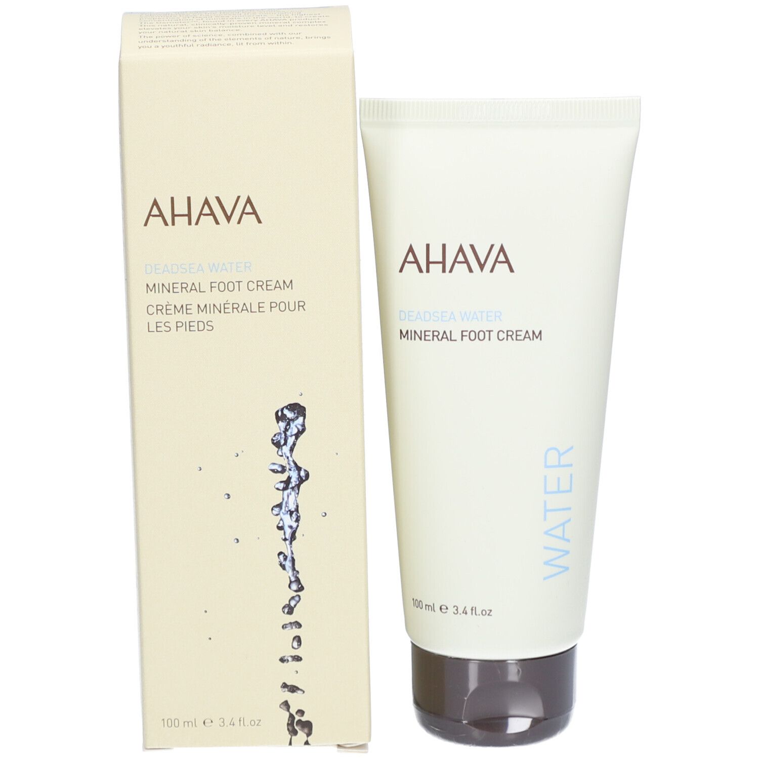 AHAVA Crème Pieds Minérale Tube und Verpackung. Tube und Schachtel nebeneinander. AHAVA-Logo und Produktname.