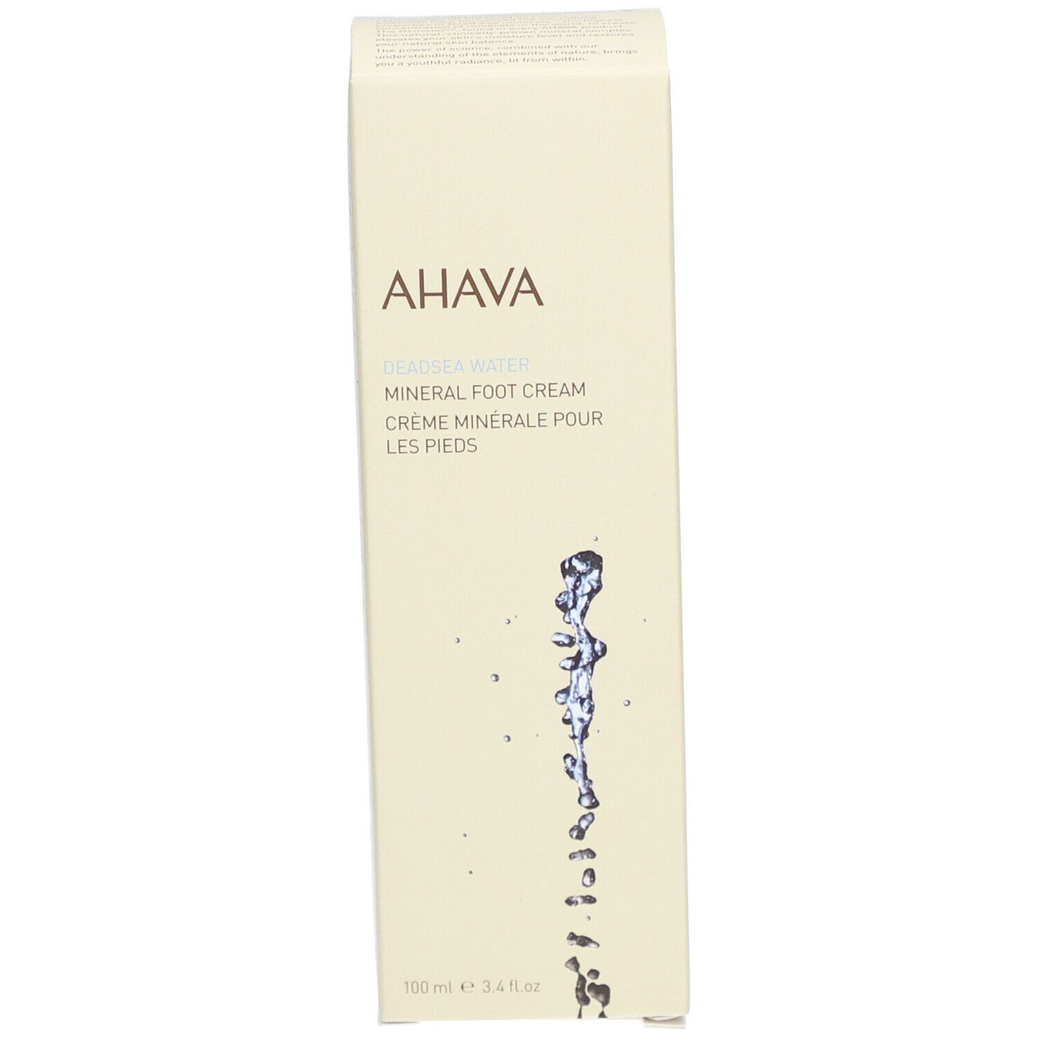 AHAVA Crème Pieds Minérale Verpackung. Rechteckige Schachtel mit AHAVA-Logo und Produktname. Wasser-Illustration.