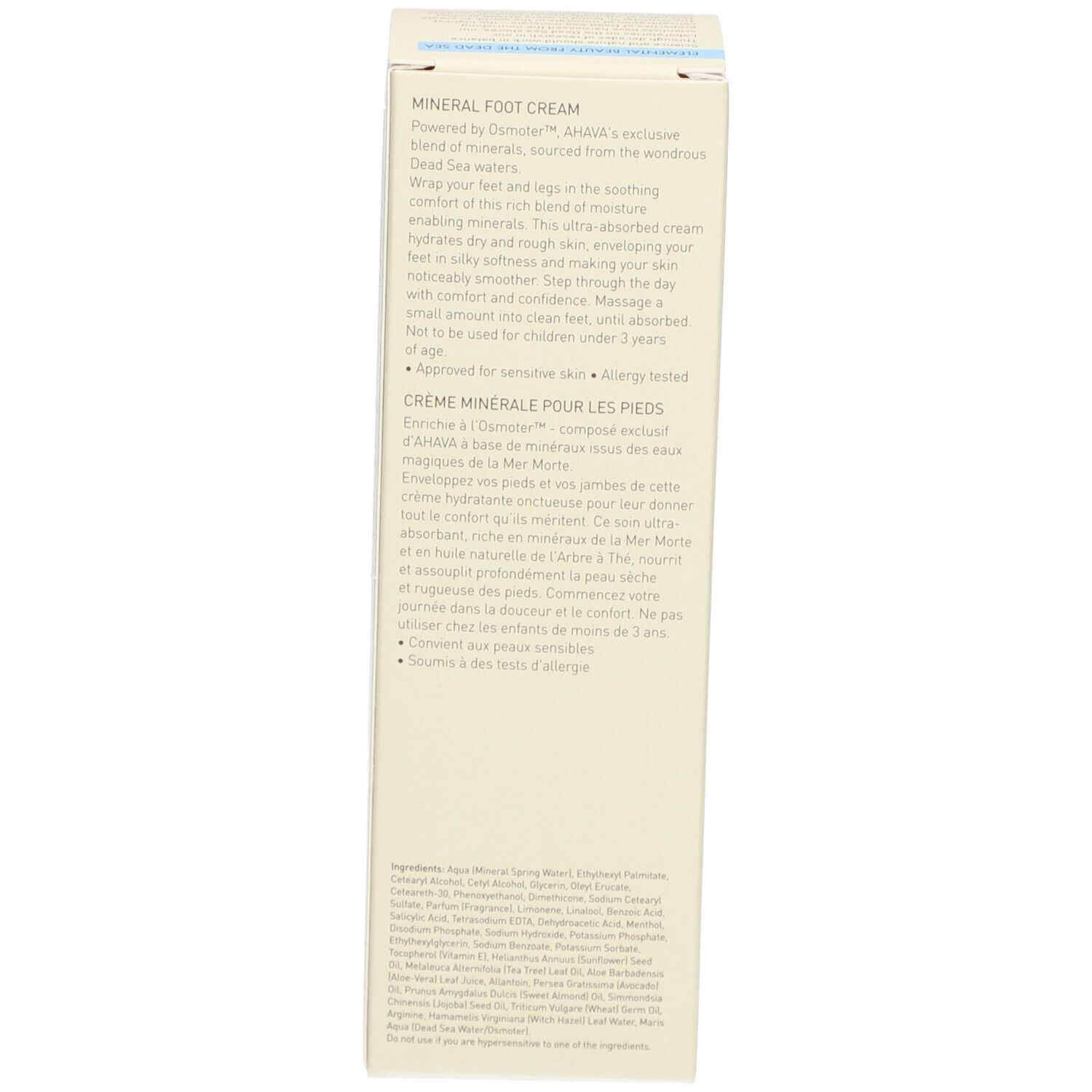 Seite der AHAVA Crème Pieds Minérale Verpackung. Text in mehreren Sprachen. Produktbeschreibung.