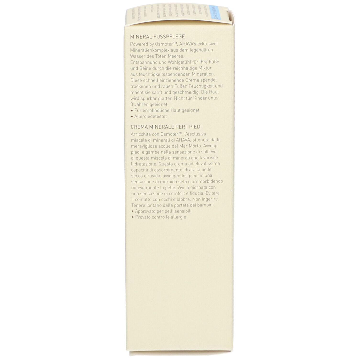 Seite der AHAVA Crème Pieds Minérale Verpackung. Text in mehreren Sprachen. Produktinformationen.