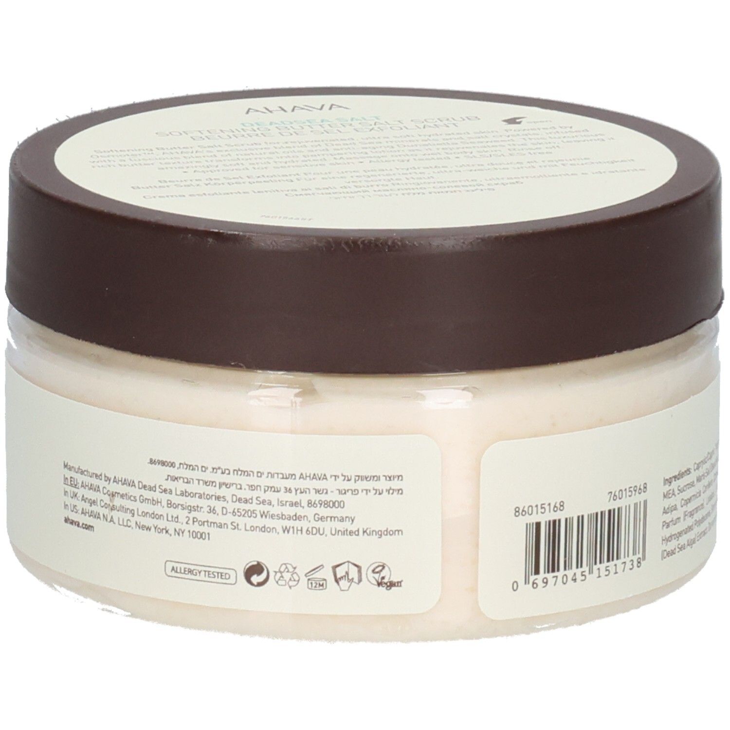 Rückansicht des Ahava-Produkts. Transparenter Behälter mit braunem Deckel. Aufschrift: Herstellerinformationen, Barcode, Logos.