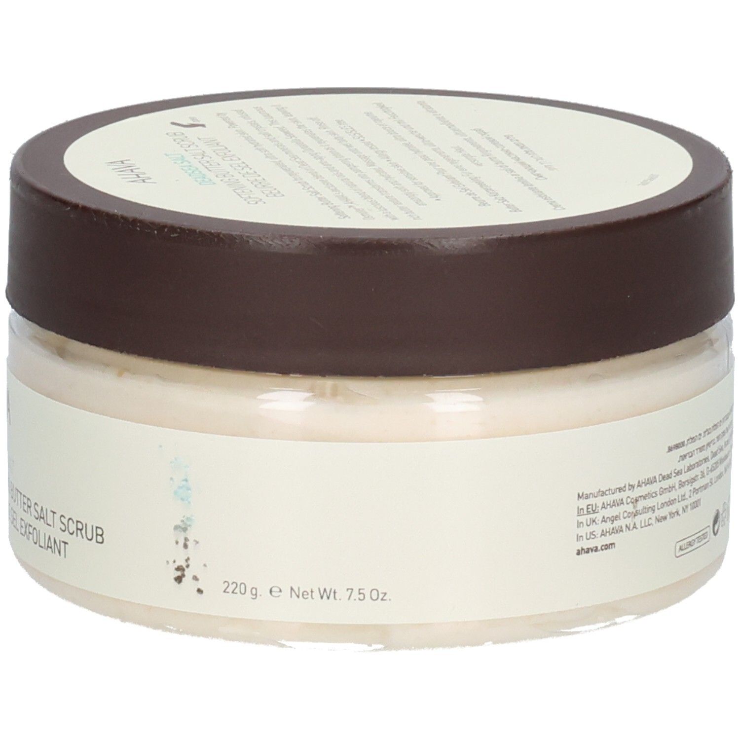 Rückansicht des Ahava-Produkts. Transparenter Behälter mit braunem Deckel. Aufschrift: Herstellerinformationen, 220 g, 7.5 Oz.