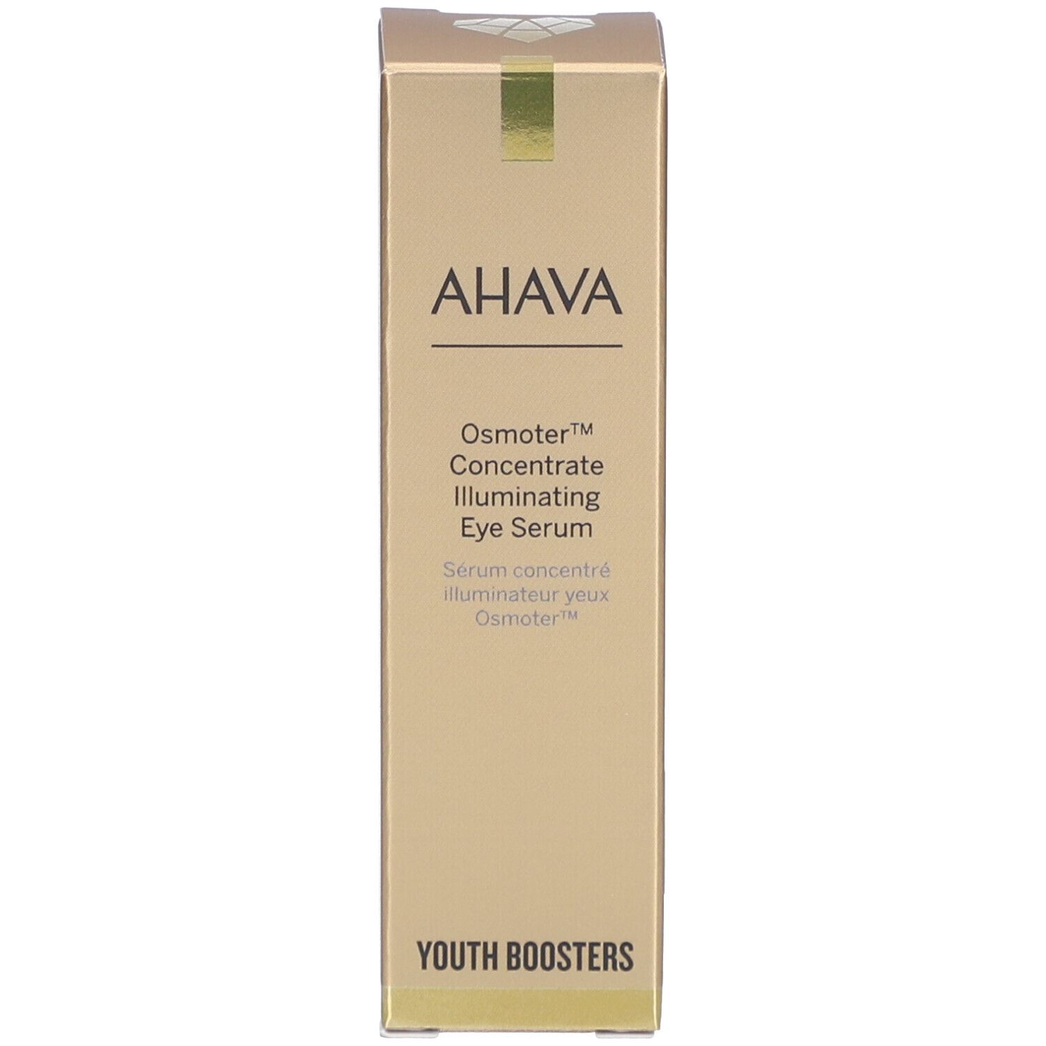 Boîte dorée avec logo AHAVA et nom du produit. Contient Osmoter Concentrate Illuminating Eye Serum.