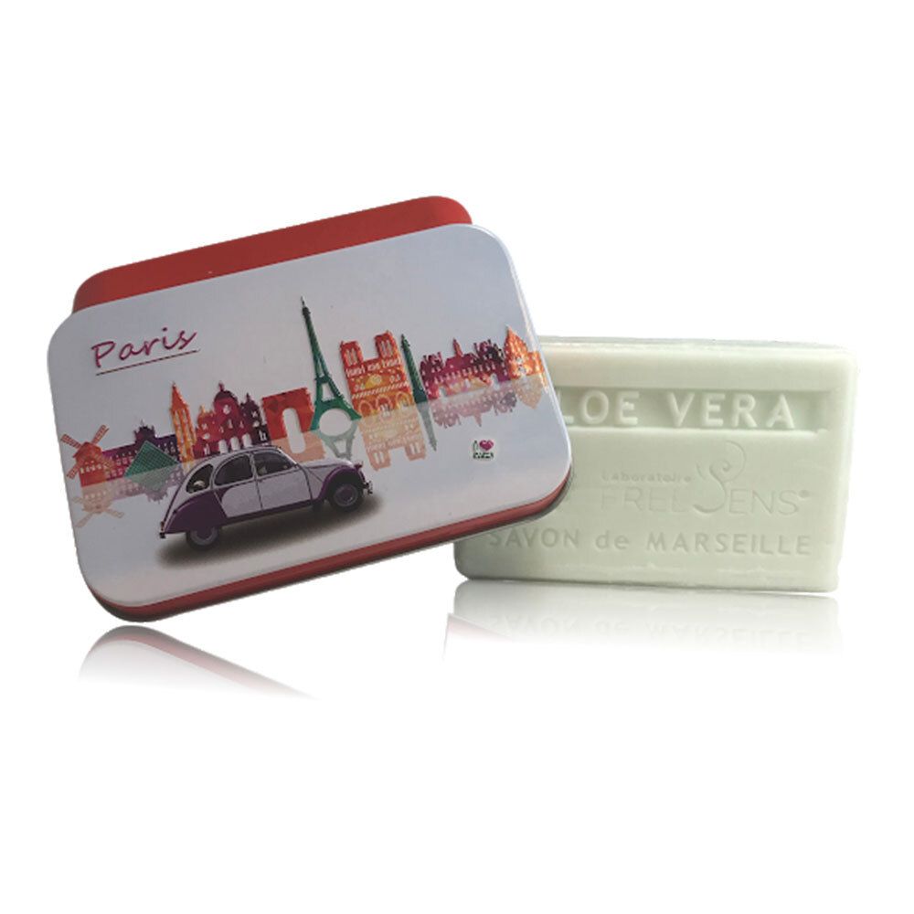 Savon avec inscription Aloe Vera et Savon de Marseille. Boîte rectangulaire avec motif Paris.