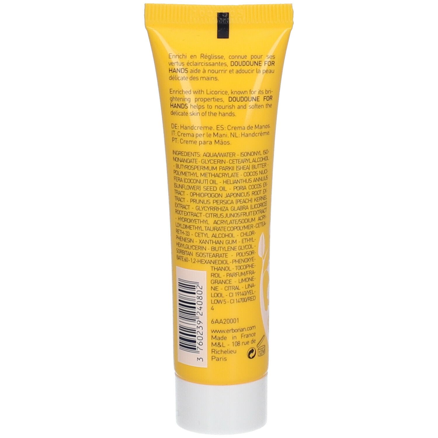 Gelbe Tube mit weißem Verschluss. Text: Doudoune for Hands, Inhaltsstoffe, Erborian.