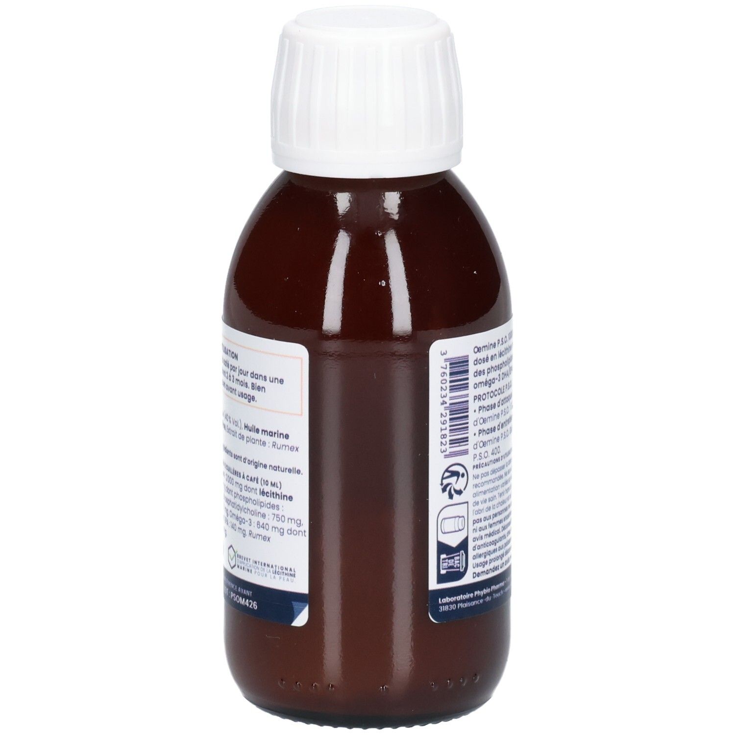 Seitenansicht einer braunen Glasflasche mit weißem Schraubverschluss und einem Etikett mit Produktinformationen.