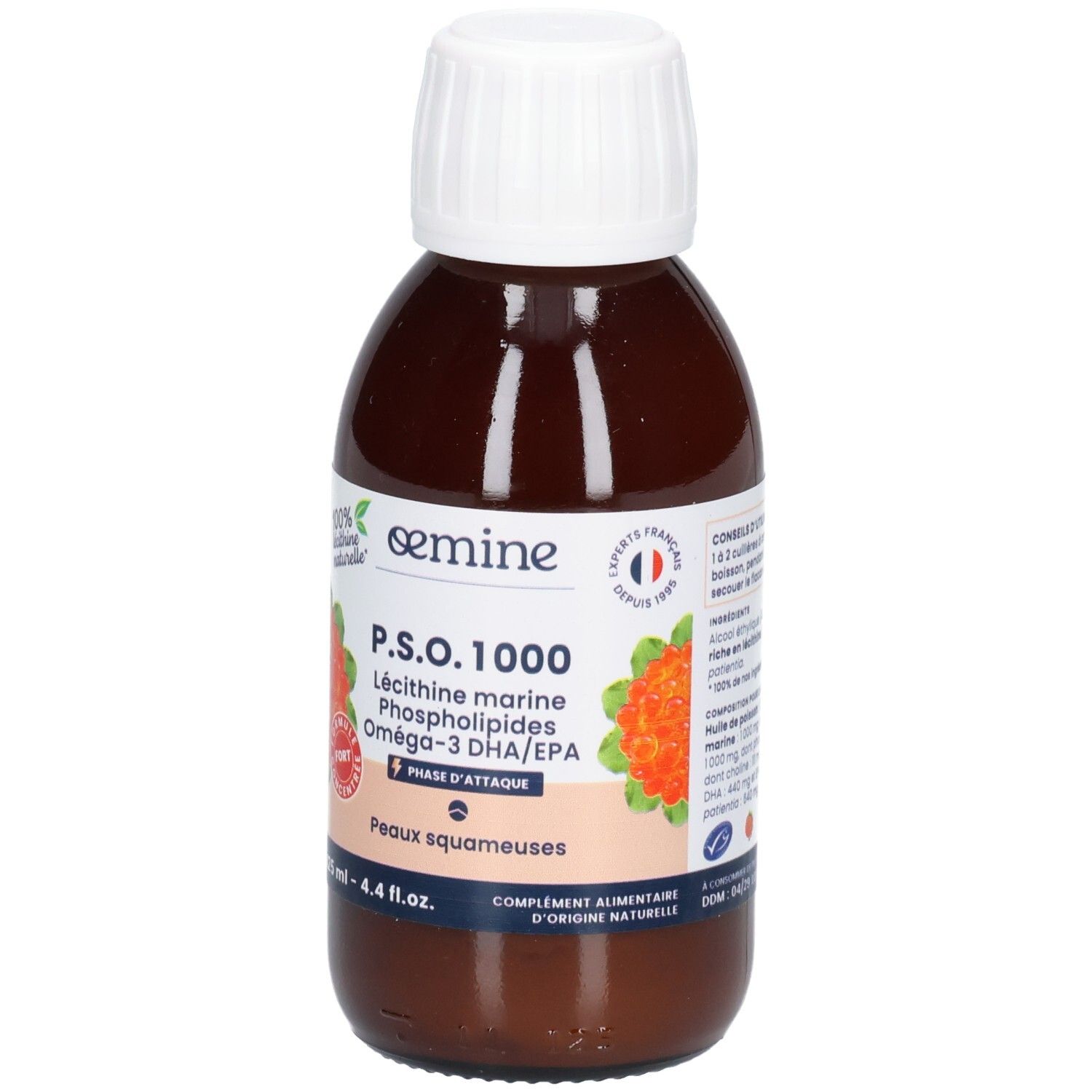 Braune Glasflasche mit weißem Schraubverschluss, Etikett mit Produktnamen und orangefarbenen Kapseln.