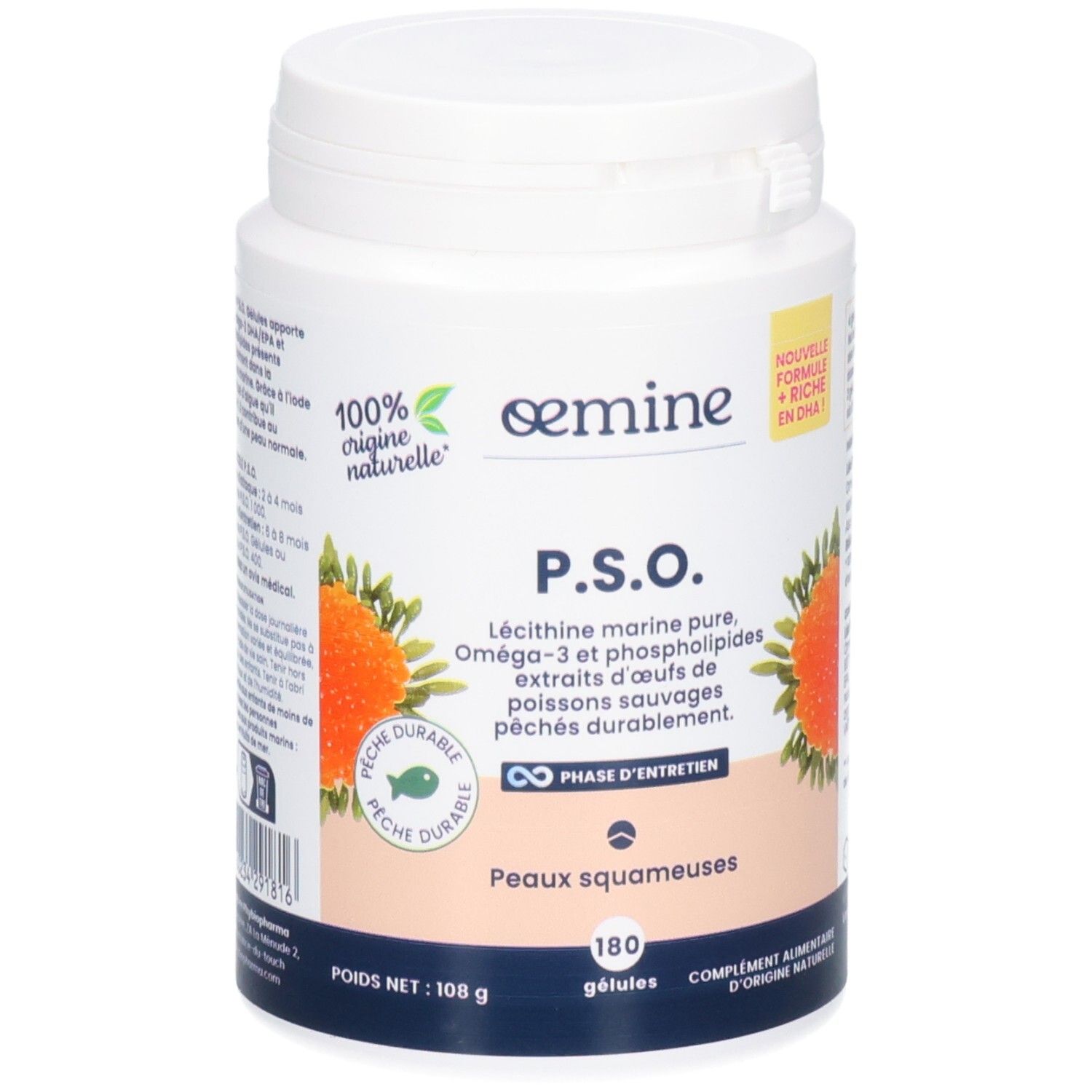 Weiße Dose mit Oemine P.S.O. Kapseln, 180 Stück. Enthält marine Lecithin-Omega-3-Phospholipide.