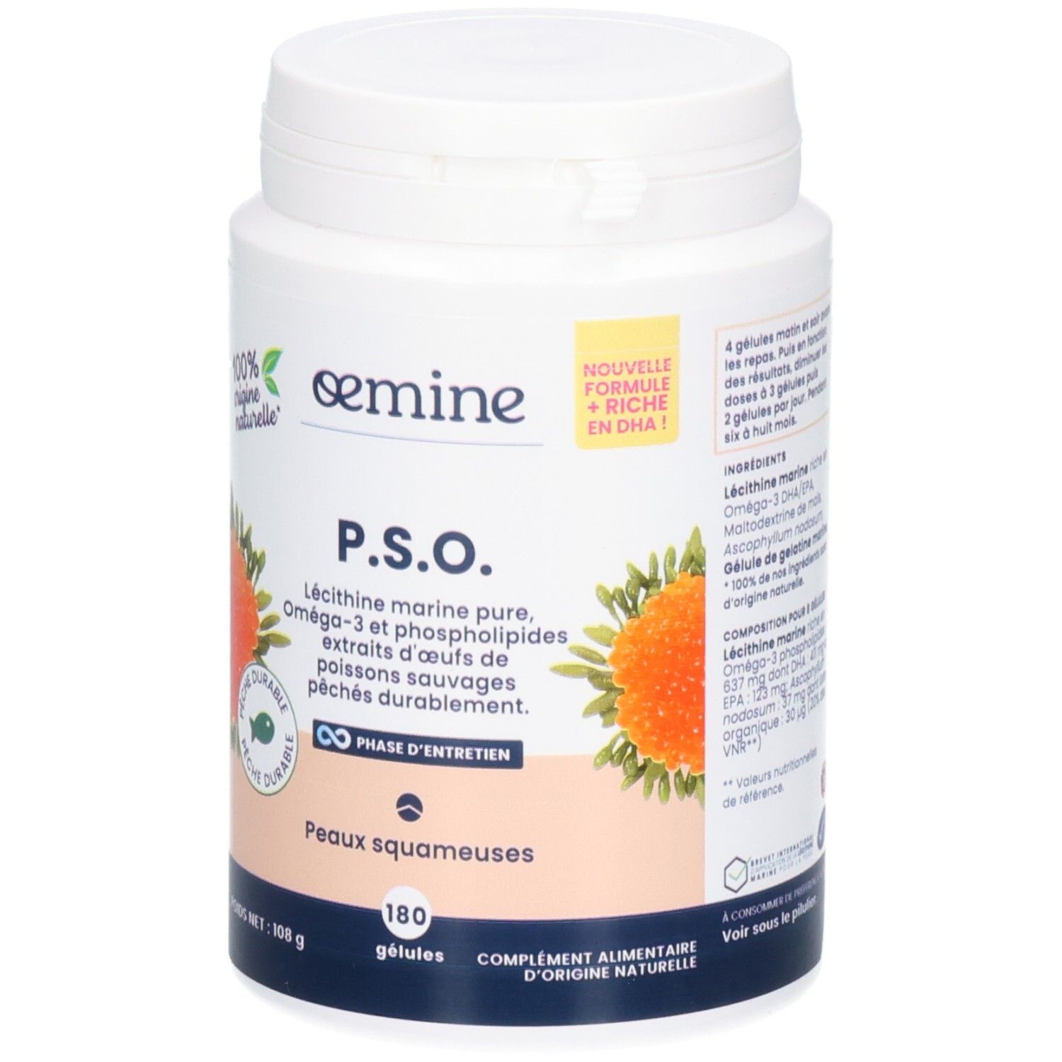Vorderseite einer weißen Dose mit Oemine P.S.O. Kapseln. Zeigt marine Phospholipide und Omega-3.