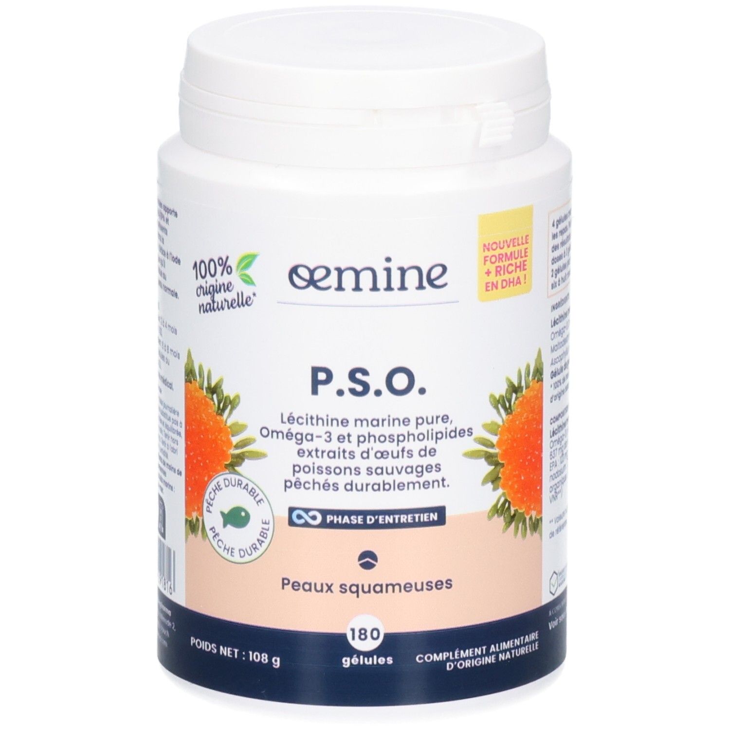 Vorderseite einer weißen Dose mit Oemine P.S.O. Kapseln. Beschriftung: 180 Kapseln, marine Lecithin-Omega-3.