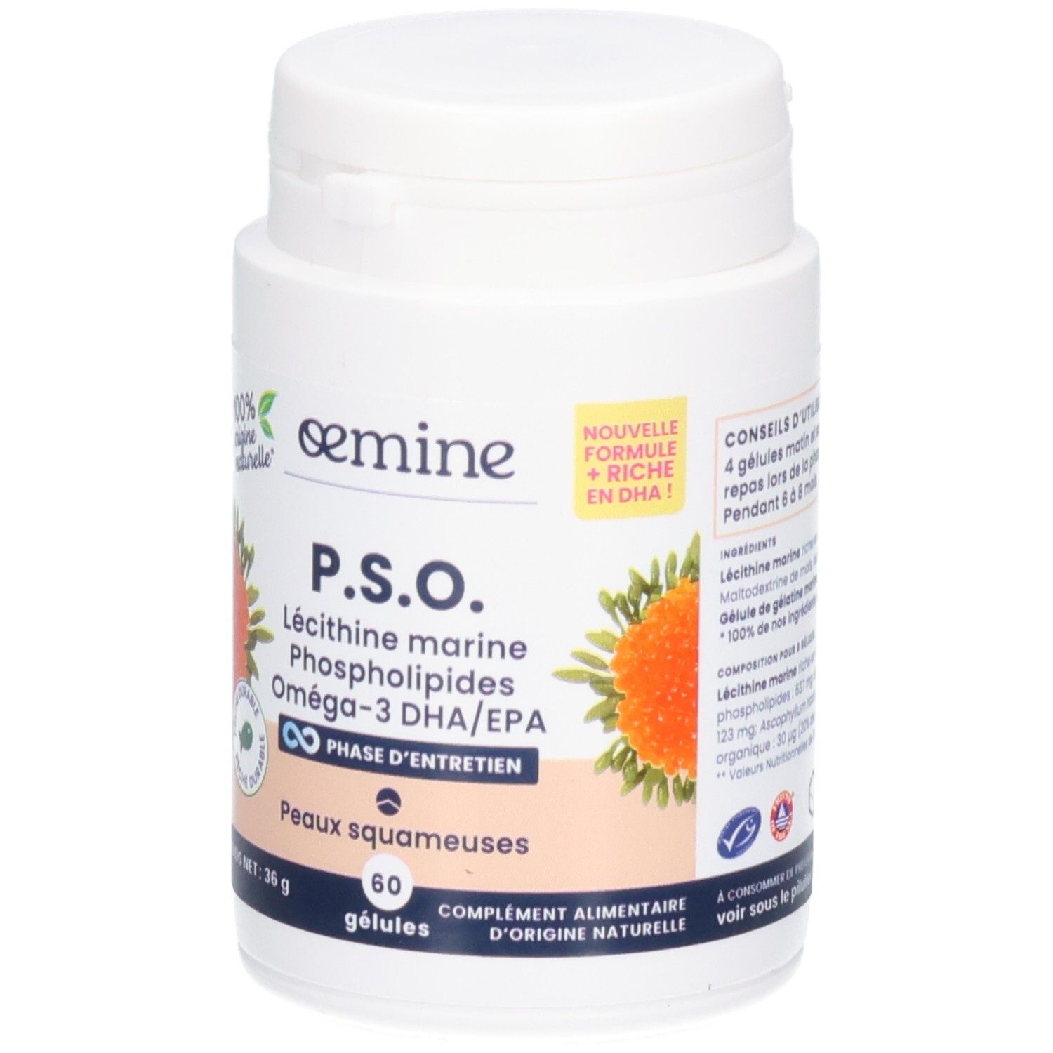 Oemine PSO Kapseln: Lecithin marine, Omega-3 DHA/EPA für schuppige Haut. 60 Kapseln.