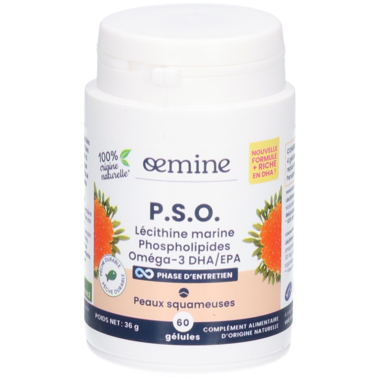 Oemine PSO Kapseln: Lecithin marine, Omega-3 DHA/EPA für schuppige Haut. 60 Kapseln.