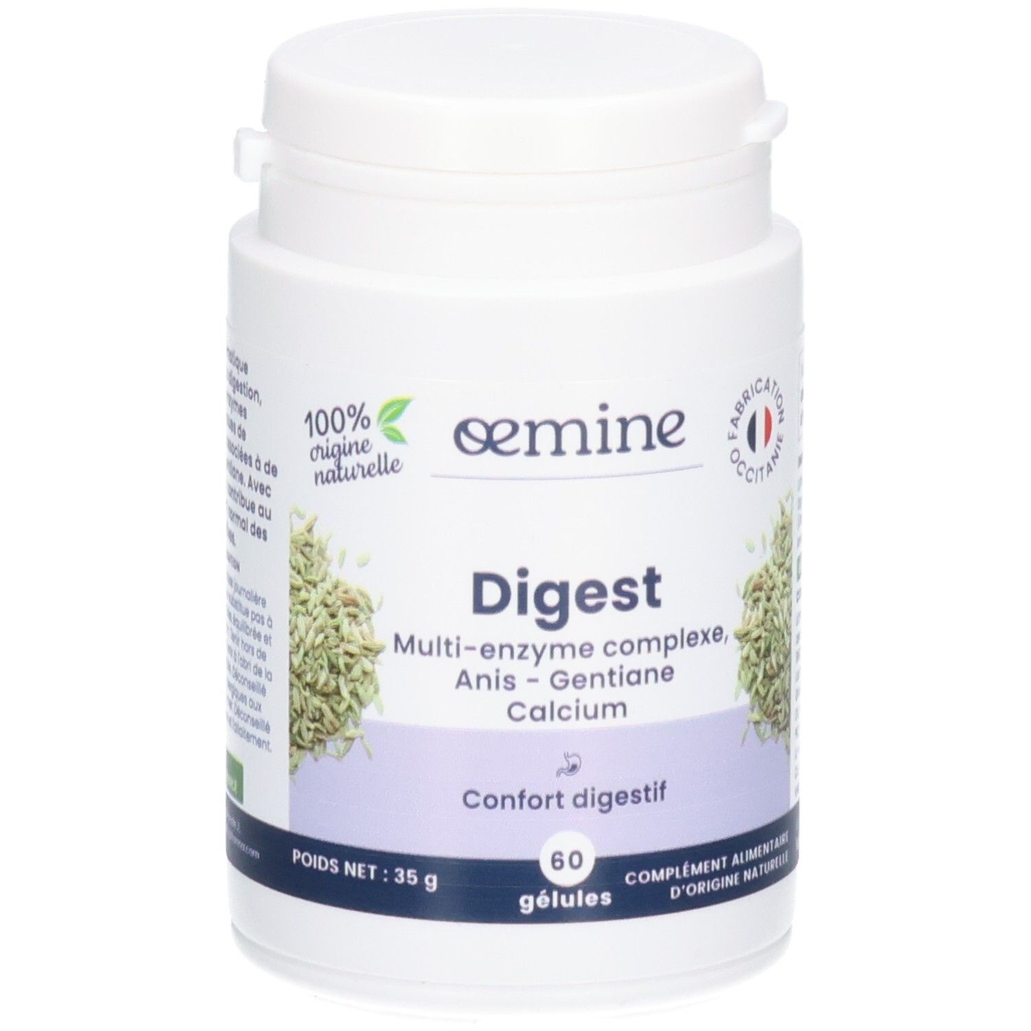 Flacon OEMINE DIGEST de 60 gélules, complexe multi-enzymatique, anis, gentiane, calcium.