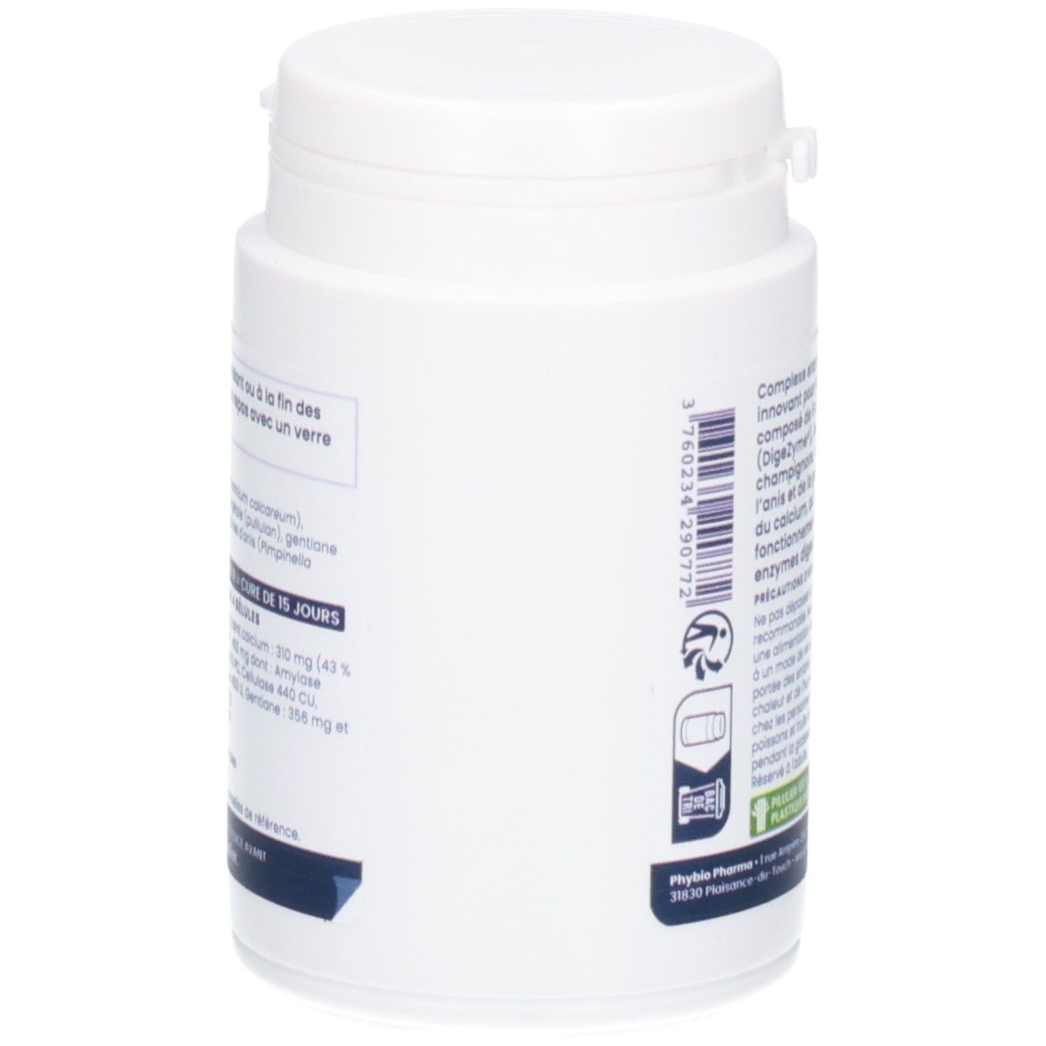 Vue latérale d'un flacon OEMINE DIGEST, pot en plastique blanc avec étiquette bleue.