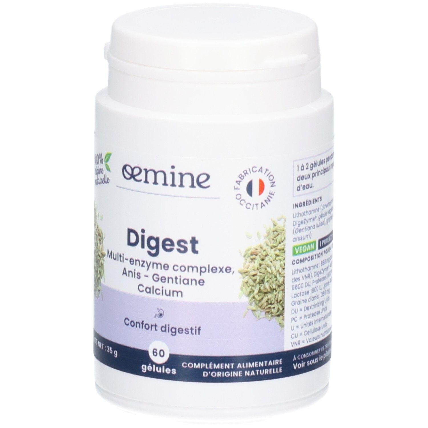 Avant d'un flacon OEMINE DIGEST, 60 gélules, complexe multi-enzymatique, anis, gentiane, calcium.