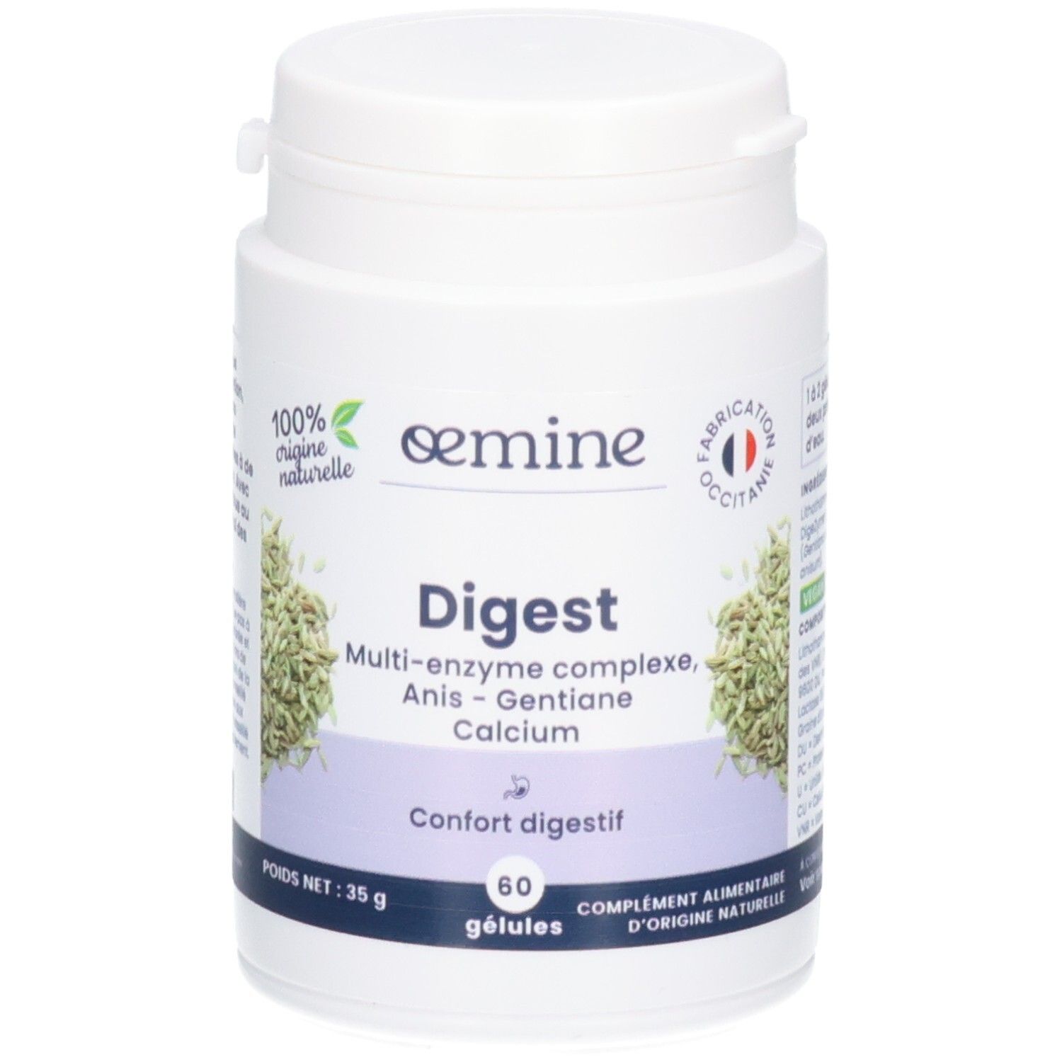 Vue de face d'un flacon OEMINE DIGEST, 60 gélules, 35g, avec représentations végétales.