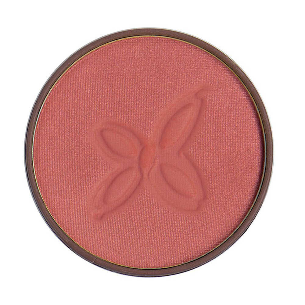 Runder Behälter mit rosa Wangenschminke. Geprägtes Muster. Brauner Rand.