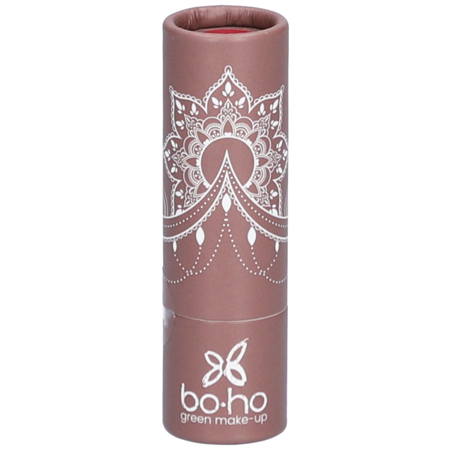 Lippenstift in brauner Verpackung. Weißes Mandala-Muster und Logo. "bo-ho green make-up" Schriftzug.
