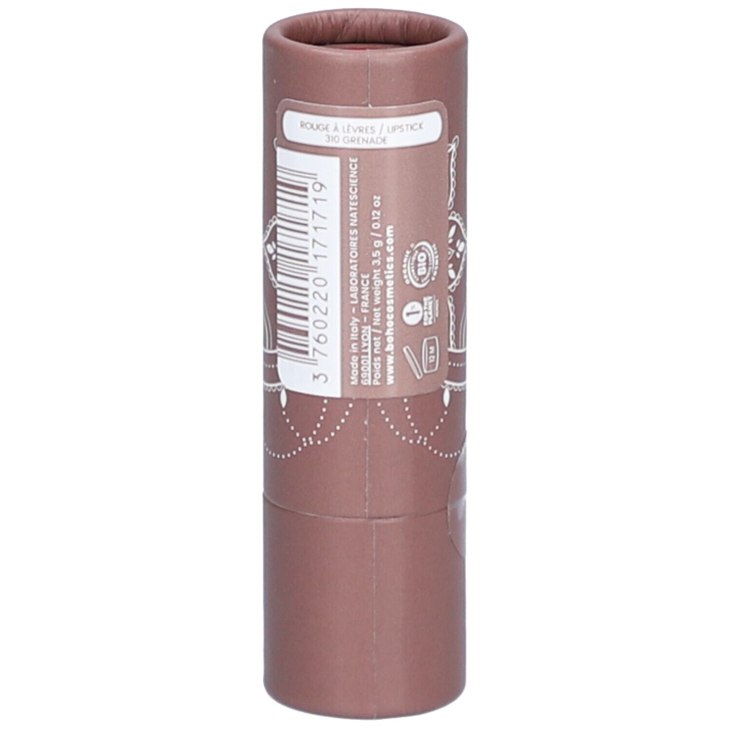 Lippenstift in brauner Verpackung. Produktinformationen, Barcode, Logo. "Rouge à lèvres / lipstick" und "310 Grenade".