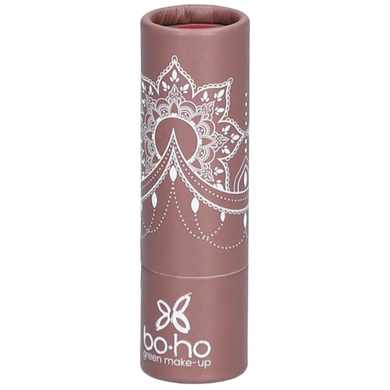 Lippenstift in brauner Verpackung. Weißes Mandala-Muster und Logo. "bo-ho green make-up" Schriftzug.