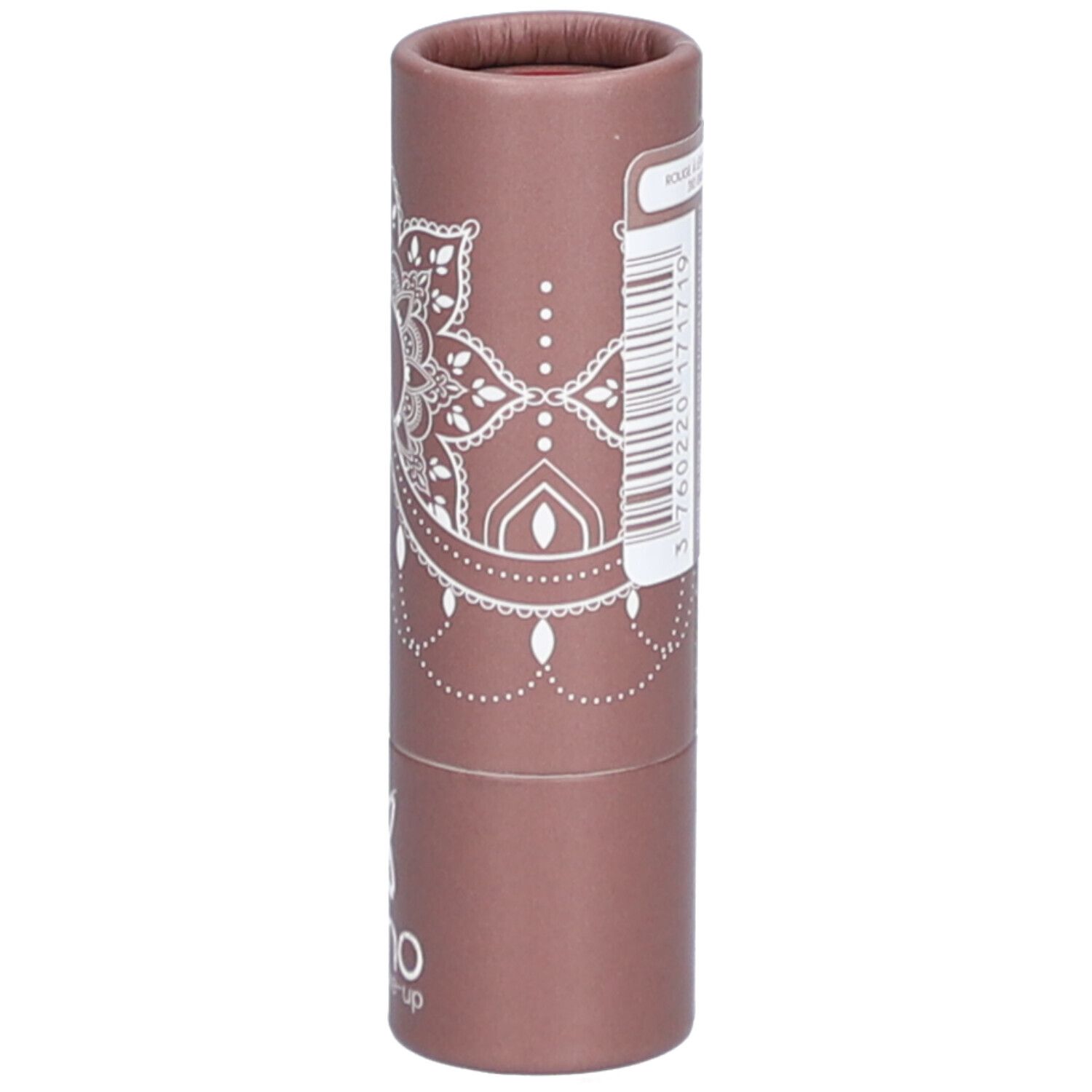 Lippenstift in brauner Verpackung. Produktinformationen, Barcode, Logo. "Rouge à lèvres / lipstick".