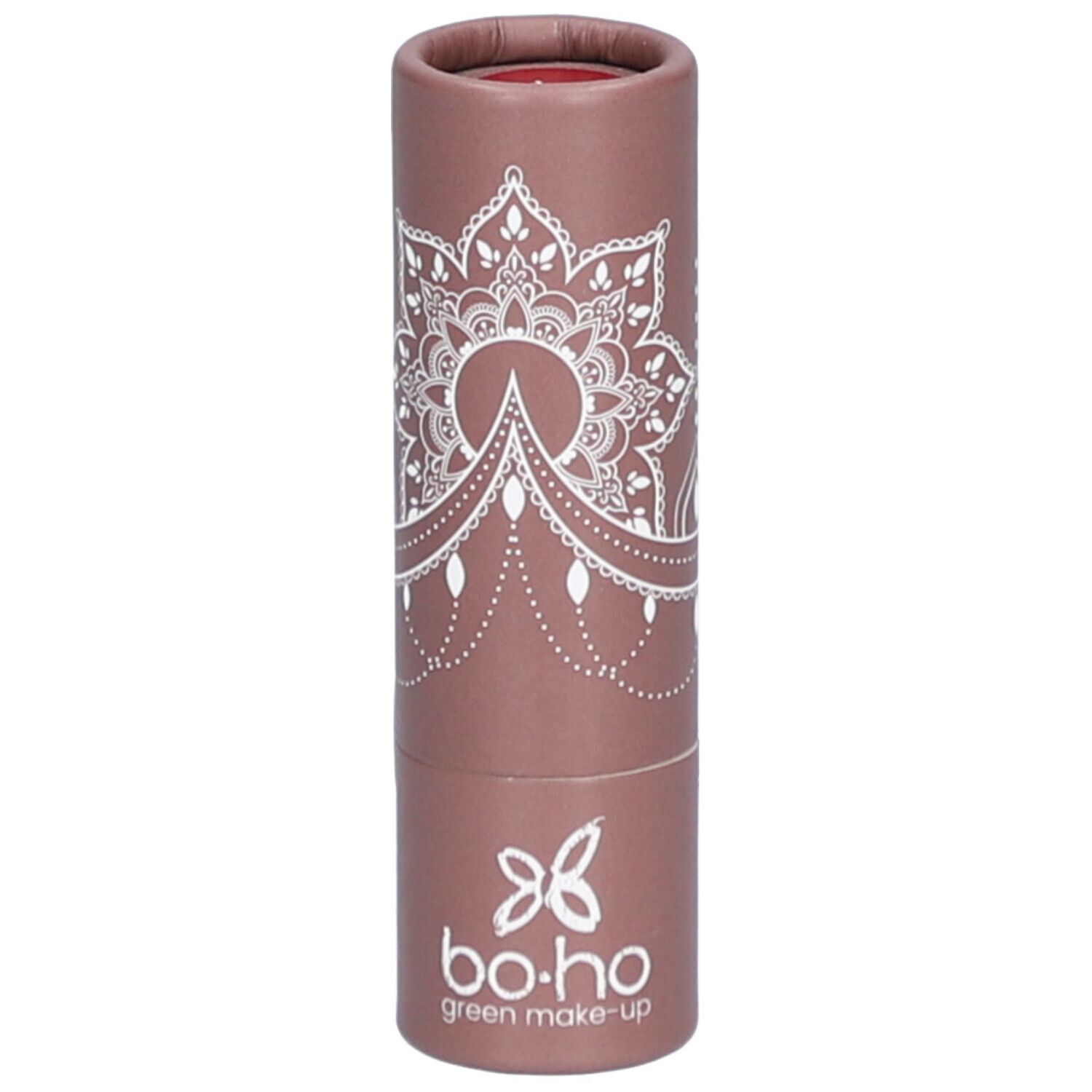 Lippenstift in zylindrischer Verpackung. Aufdruck mit Mandala-Muster und Logo. Farbe: Rot.