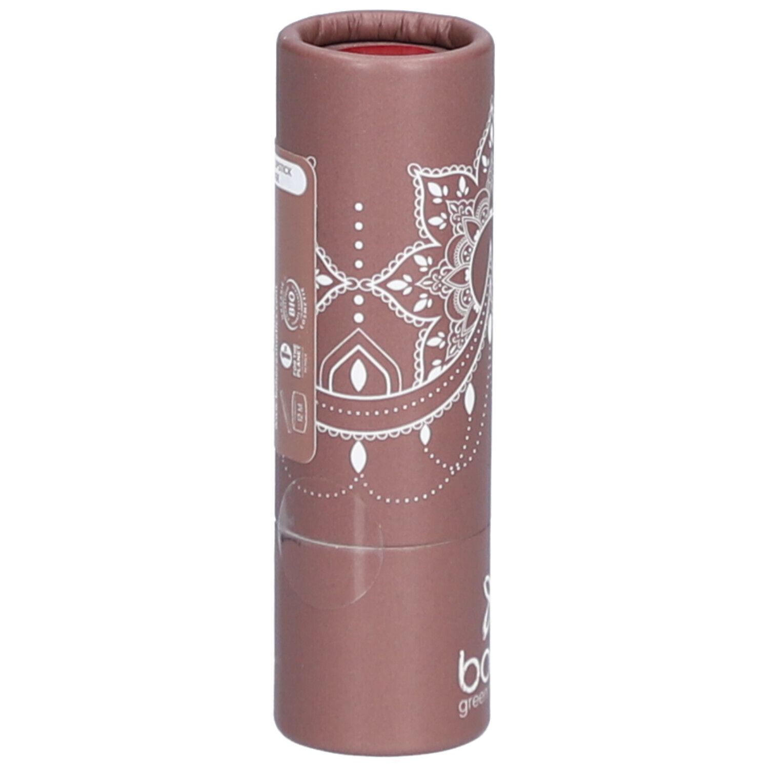 Lippenstift in zylindrischer Verpackung. Aufdruck mit Mandala-Muster, Logo und Bio-Siegel. Farbe: Rot.