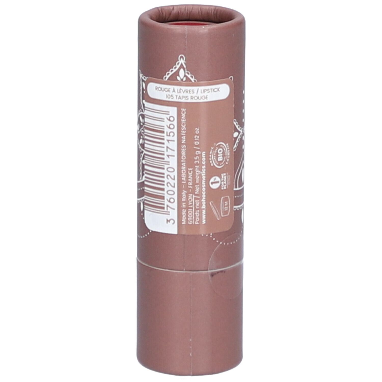 Zylindrische Lippenstiftverpackung mit Etikett. Produktname, Barcode, Herstellerinformationen und Bio-Siegel.