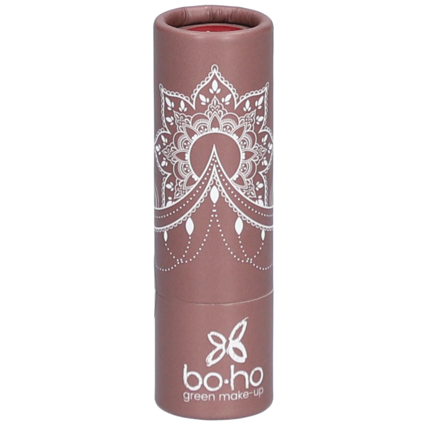 Lippenstift in zylindrischer Verpackung. Aufdruck mit Mandala-Muster und Logo. Farbe: Rot.