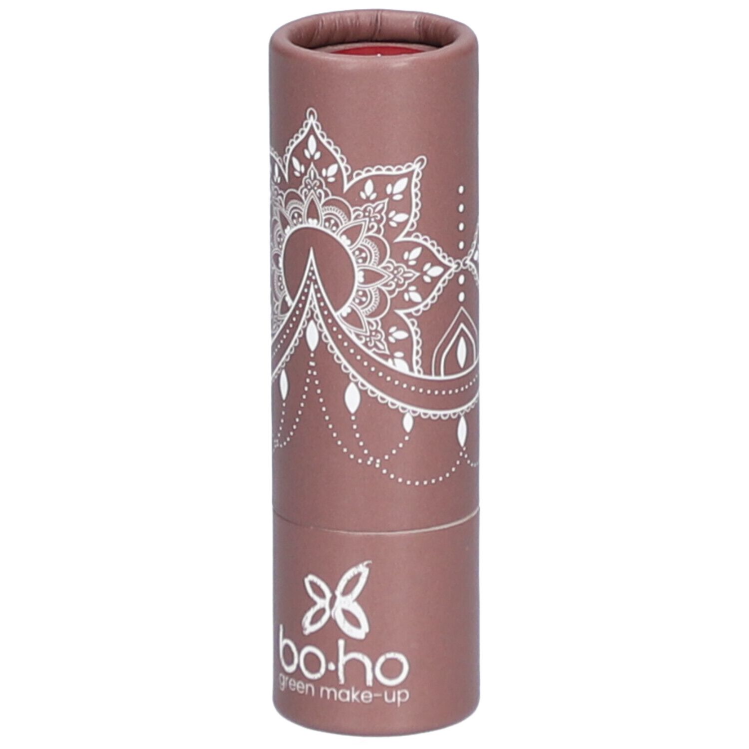 Lippenstift in zylindrischer Verpackung. Aufdruck mit Mandala-Muster und Logo. Farbe: Rot.
