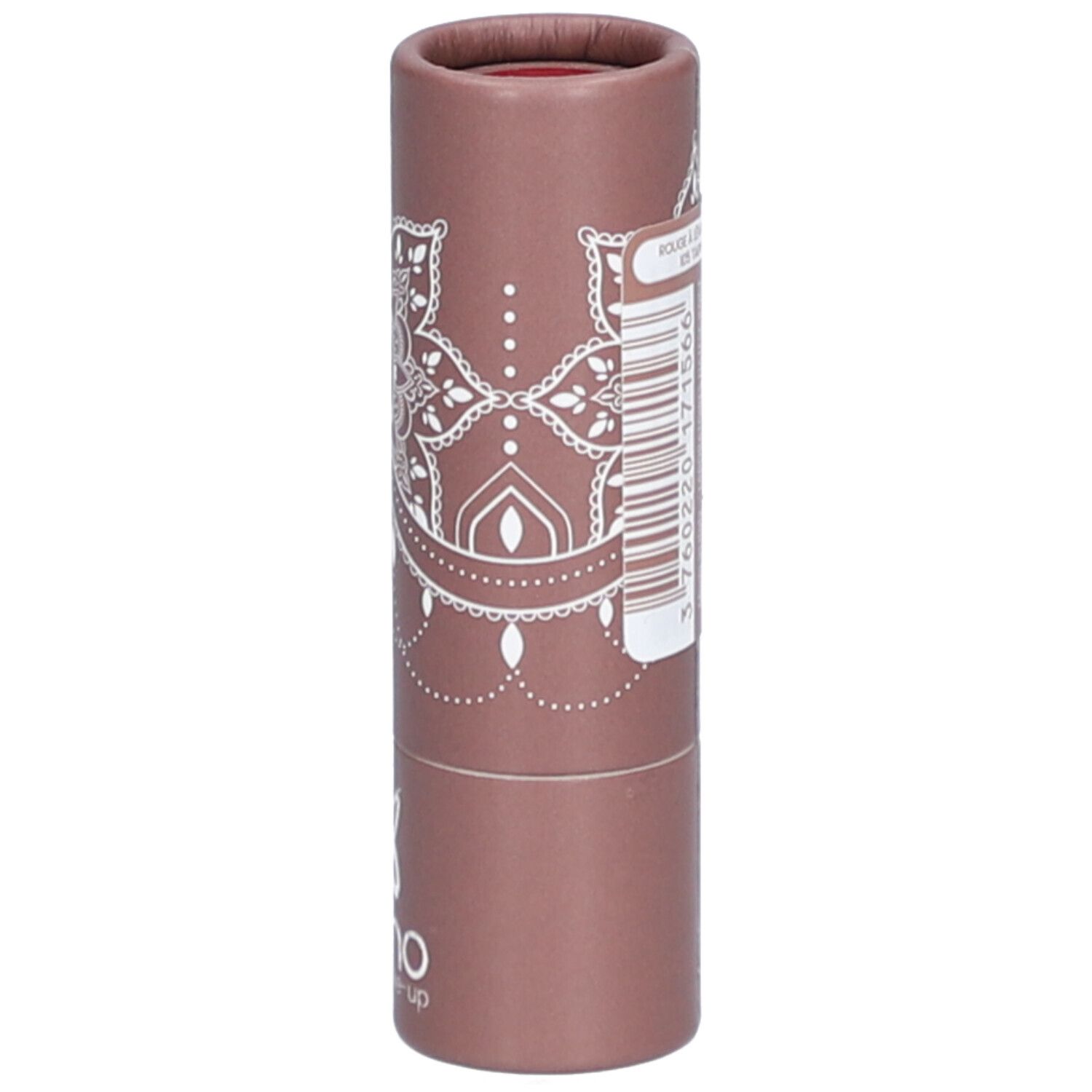 Zylindrische Lippenstiftverpackung mit Etikett. Produktname, Barcode, Herstellerinformationen und Bio-Siegel.