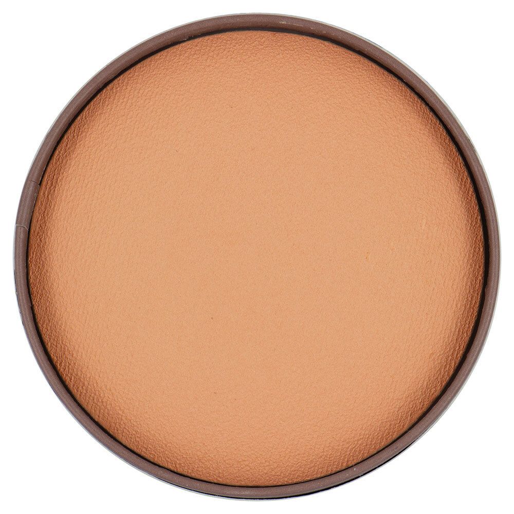 Runde, braune Dose mit hellbraunem Puder. Brauner Rand. Puder hat eine glatte Oberfläche.