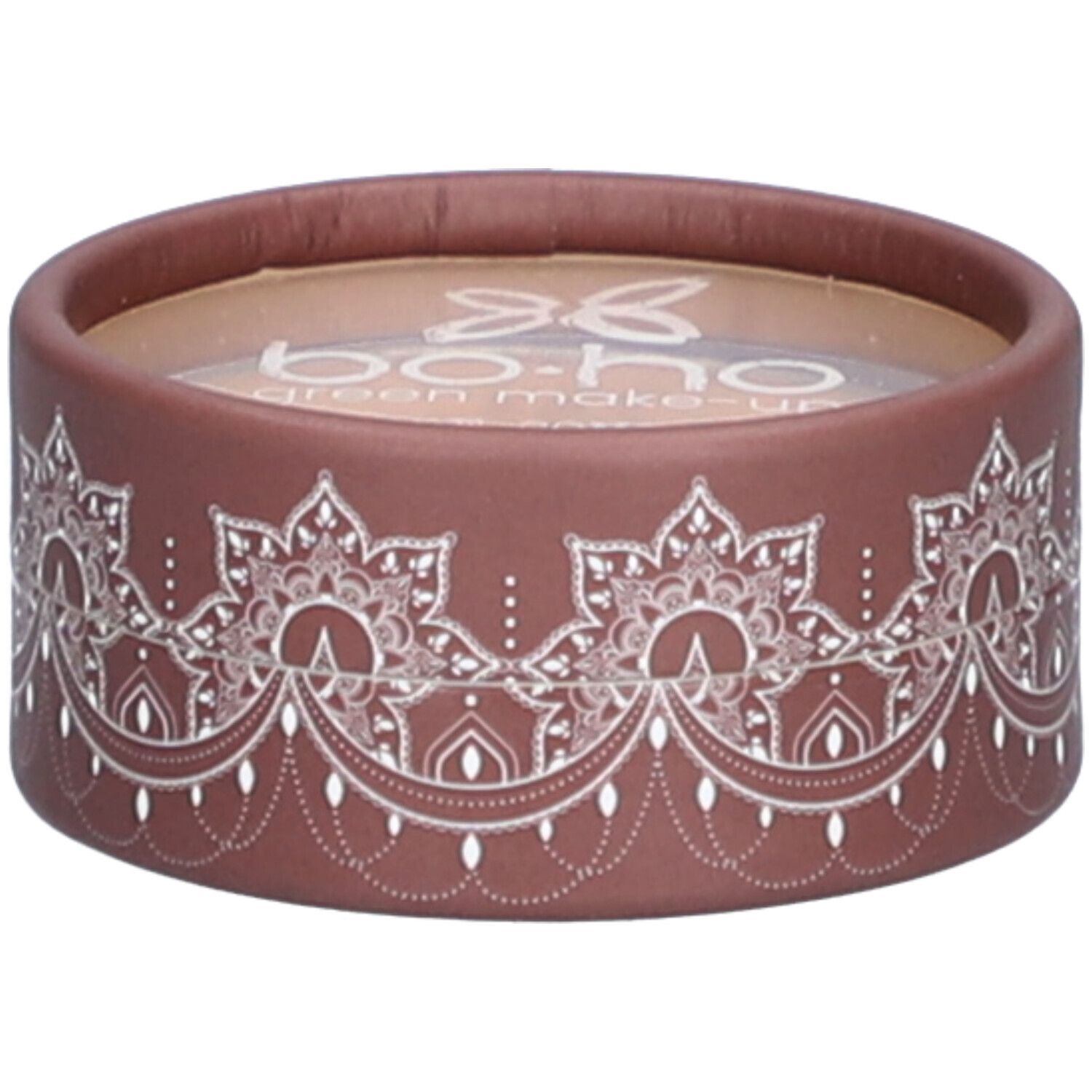 Emballage rond marron avec motif blanc et logo. Transparent en haut. Nom du produit illisible.