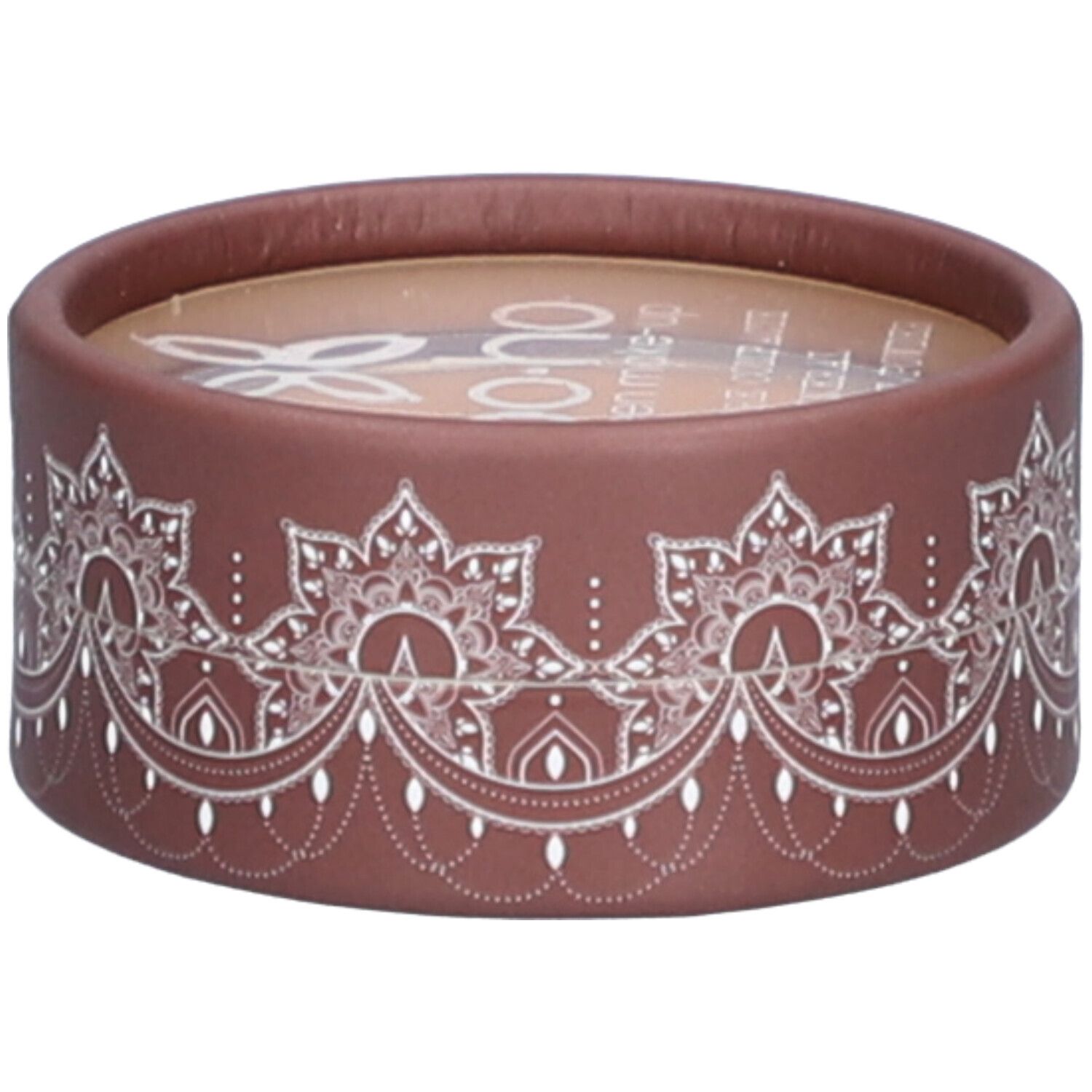 Emballage rond marron avec motif blanc et logo. Transparent en haut. Texte partiellement lisible.