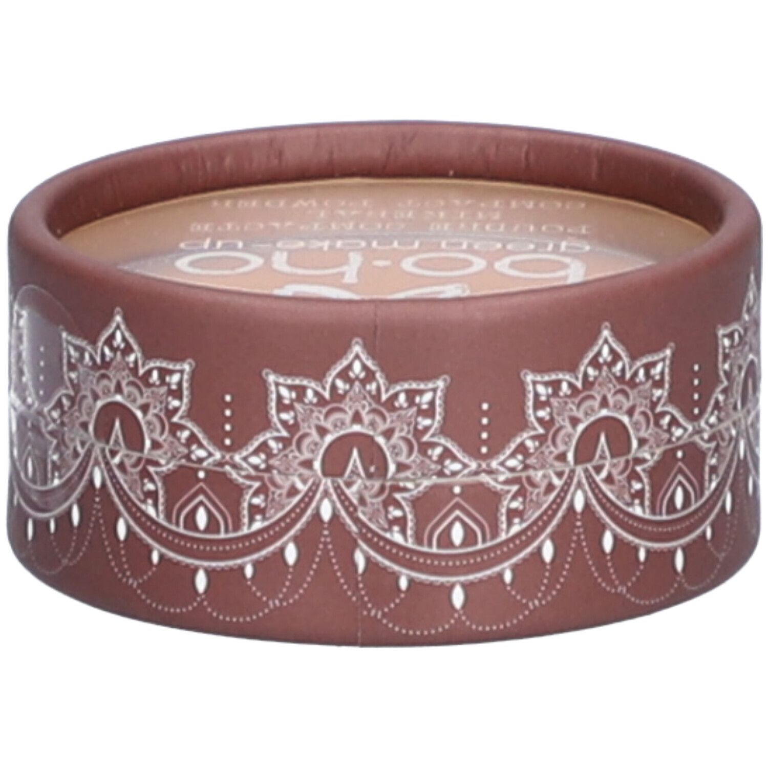 Emballage rond marron avec motif blanc et logo. Transparent en haut. Texte partiellement lisible.