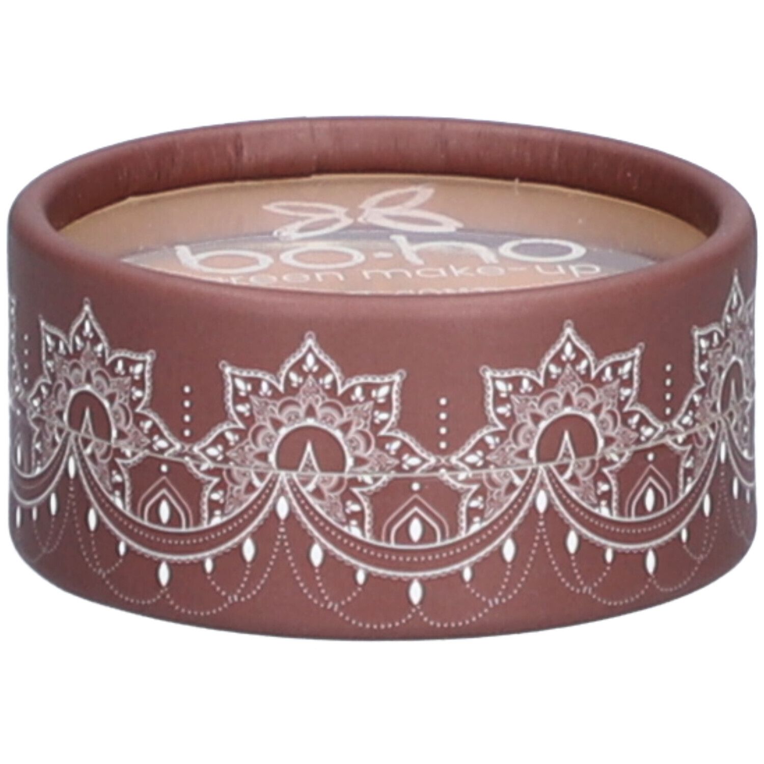 Emballage rond marron avec motif blanc et logo. Transparent en haut. Texte partiellement lisible.