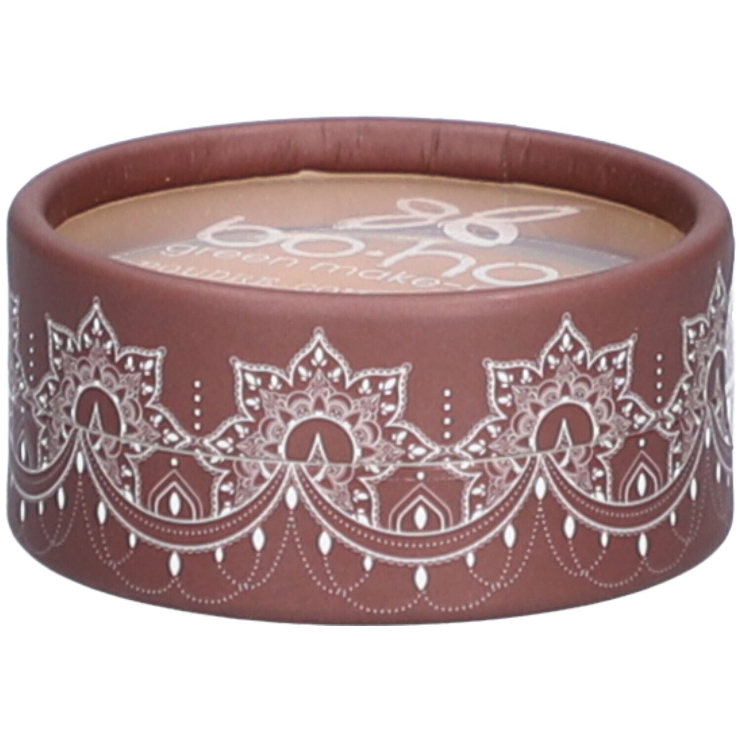 Emballage rond marron avec motif blanc et logo. Transparent en haut. Texte partiellement lisible.