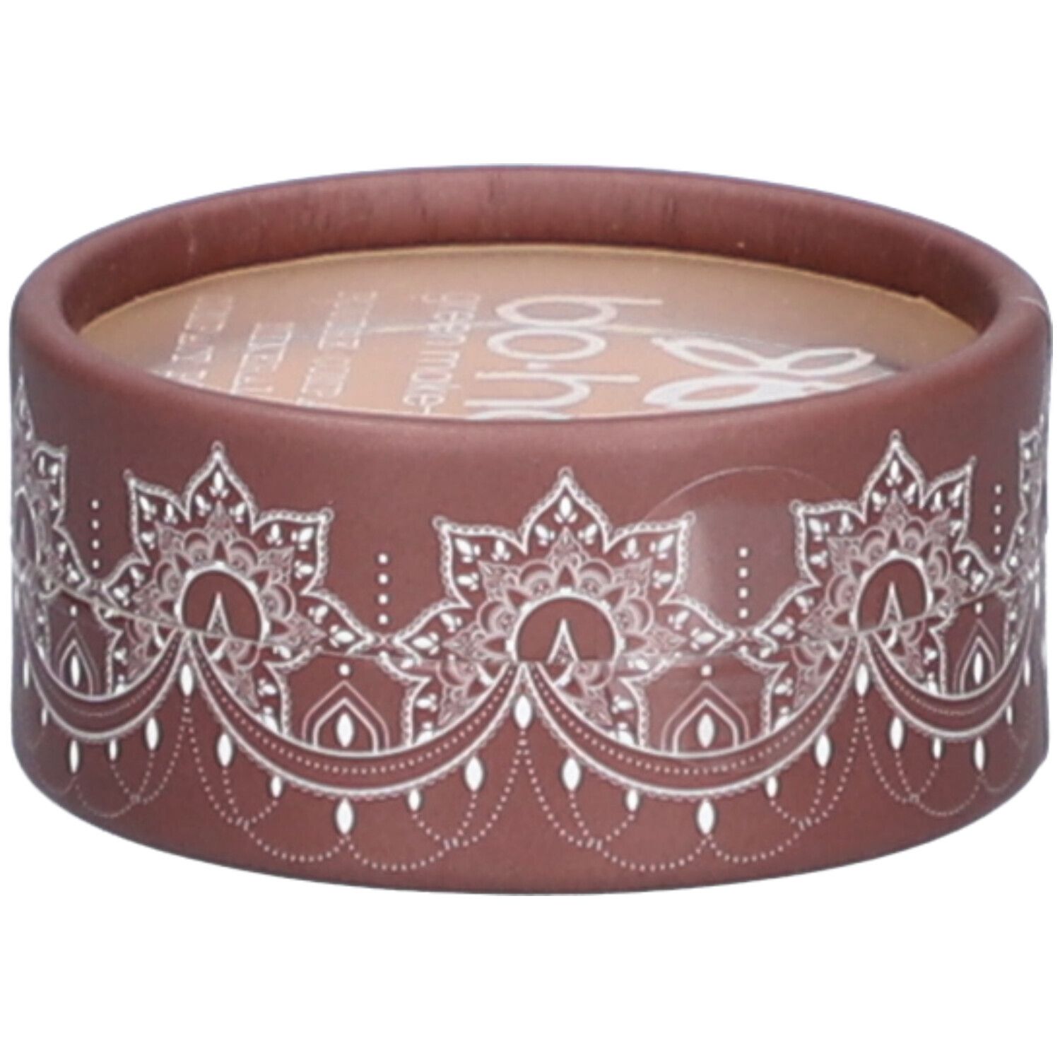 Emballage rond marron avec motif blanc et logo. Transparent en haut. Texte partiellement lisible.