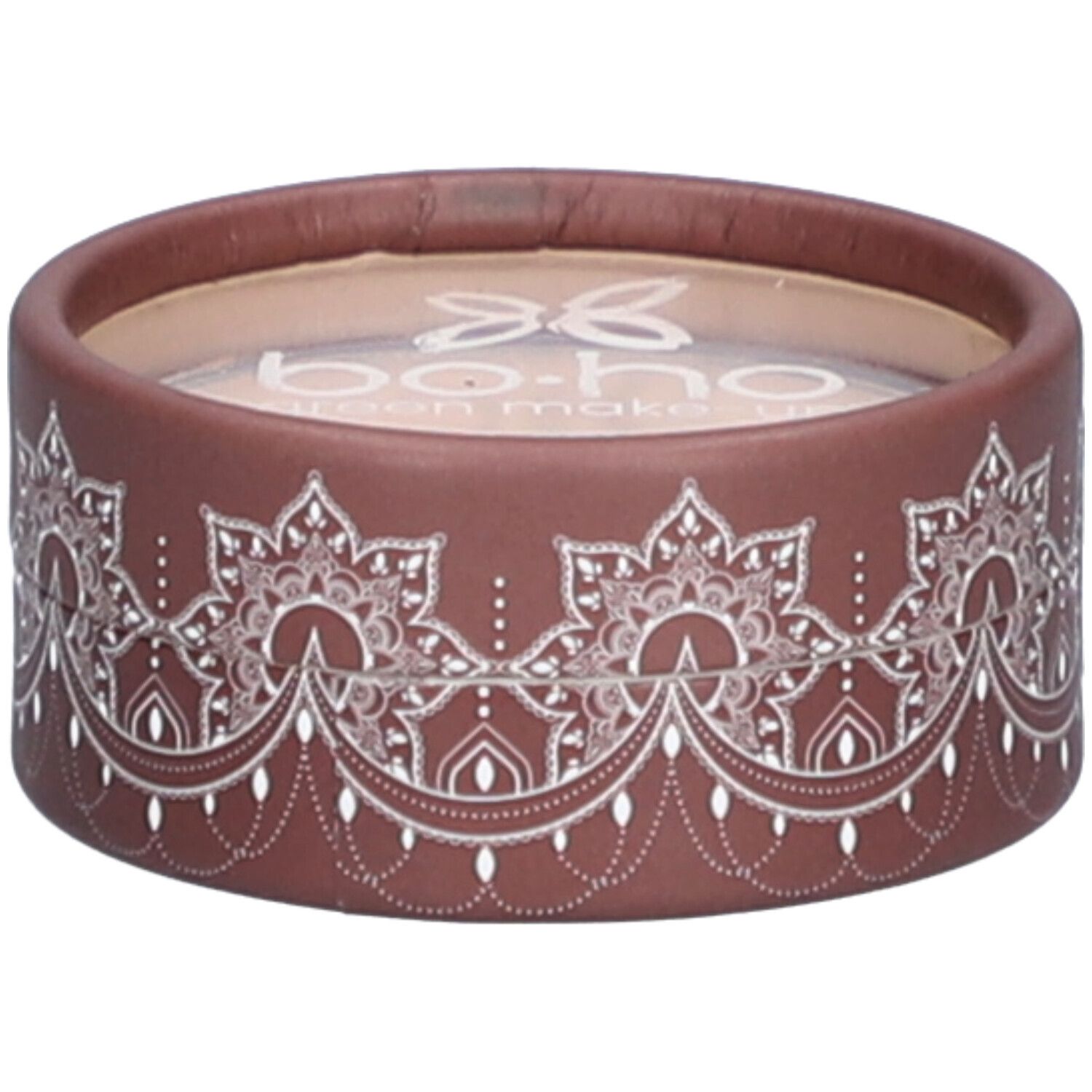 Emballage rond marron avec motif blanc. Le nom de la marque « bo-ho » est visible en haut.