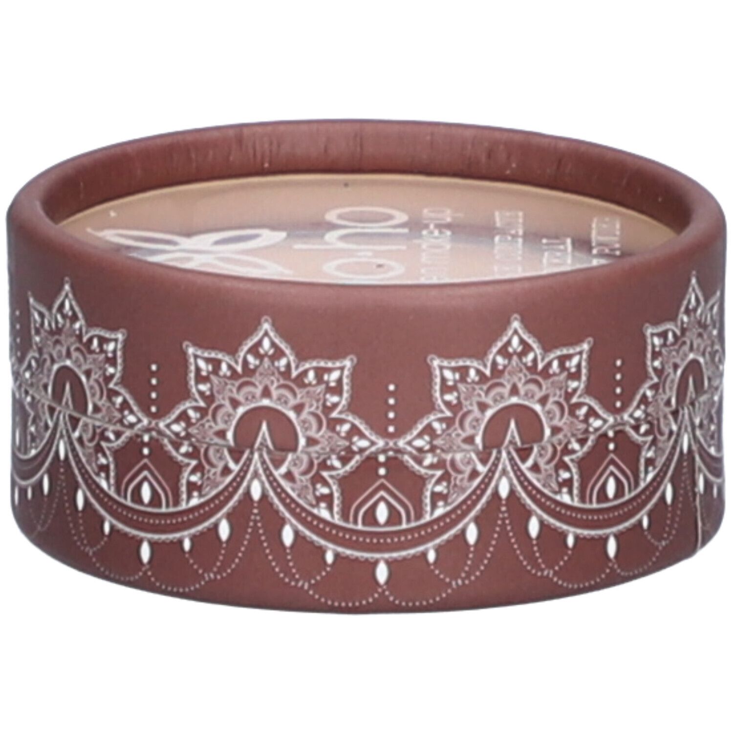 Emballage rond marron avec motif blanc. Le nom de la marque « bo-ho » est visible en haut.