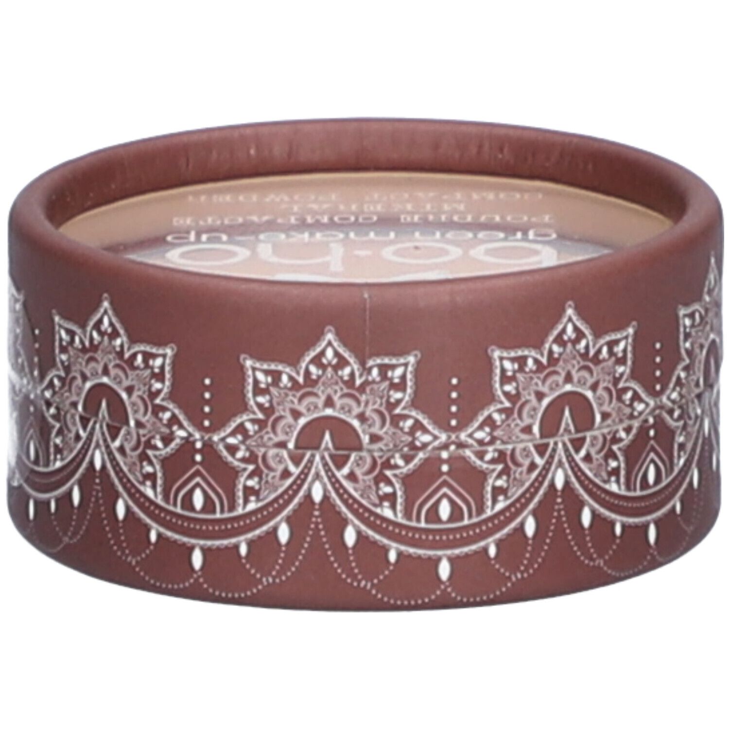 Emballage rond marron avec motif blanc. Le nom de la marque « bo-ho » est visible en haut.