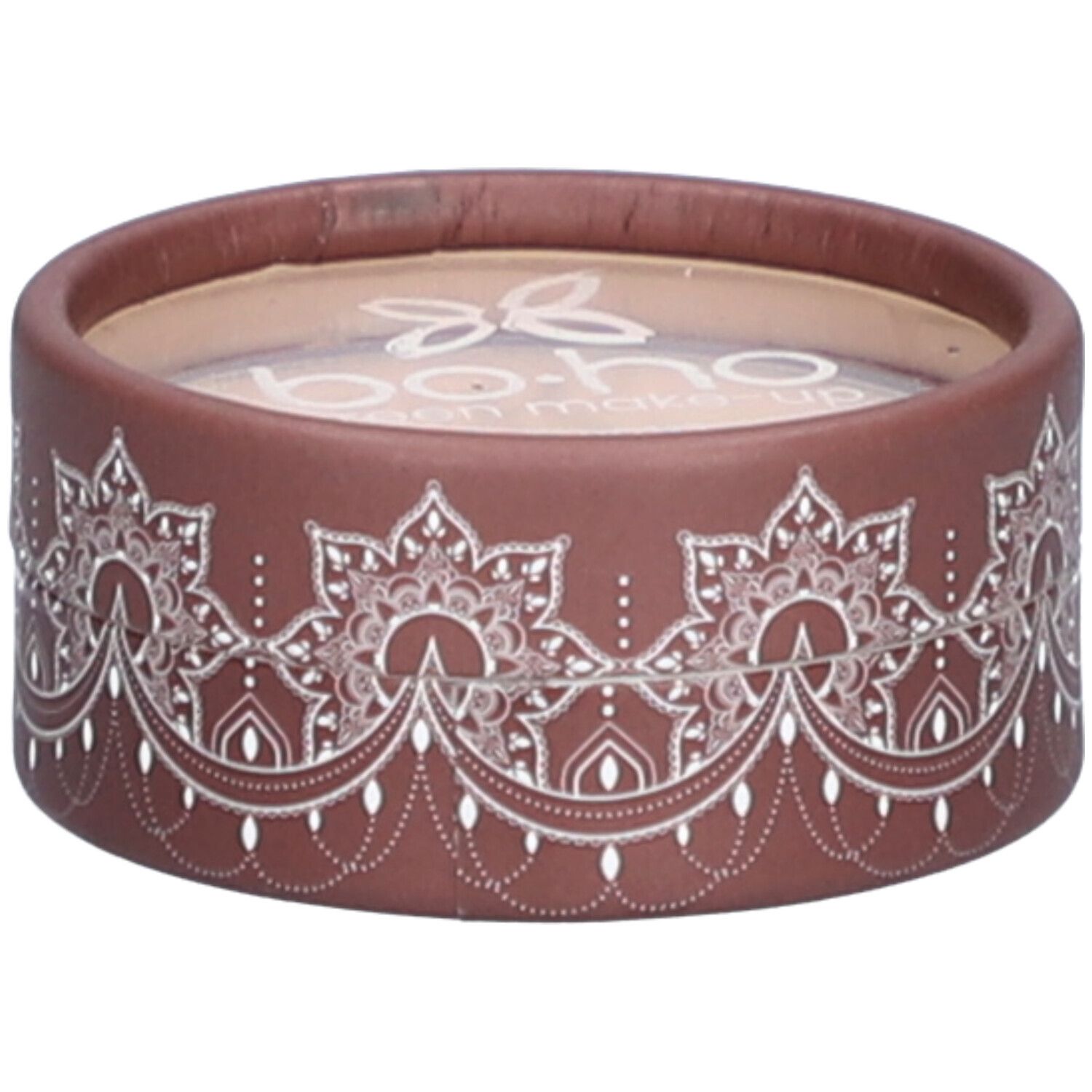 Emballage rond marron avec motif blanc. Le nom de la marque « bo-ho » est visible en haut.