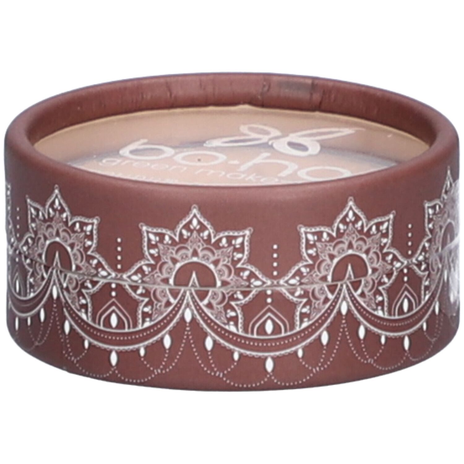 Emballage rond marron avec motif blanc. Le nom de la marque « bo-ho » est visible en haut.